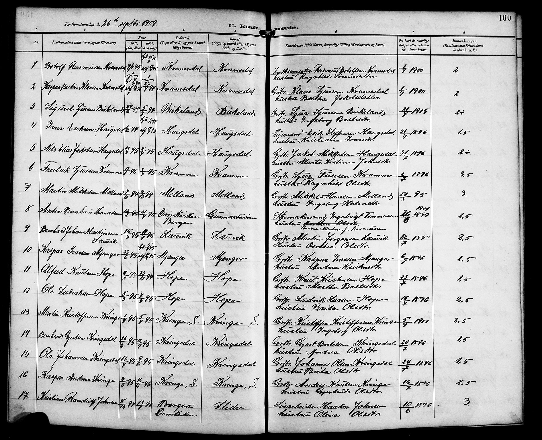 Masfjorden sokneprestembete, AV/SAB-A-77001: Parish register (copy) no. B 1, 1892-1913, p. 160