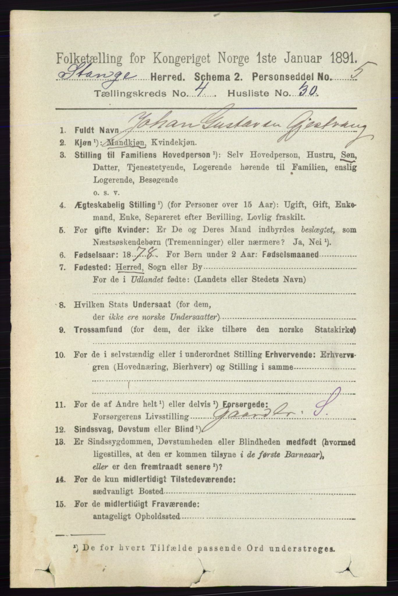 RA, 1891 census for 0417 Stange, 1891, p. 2572