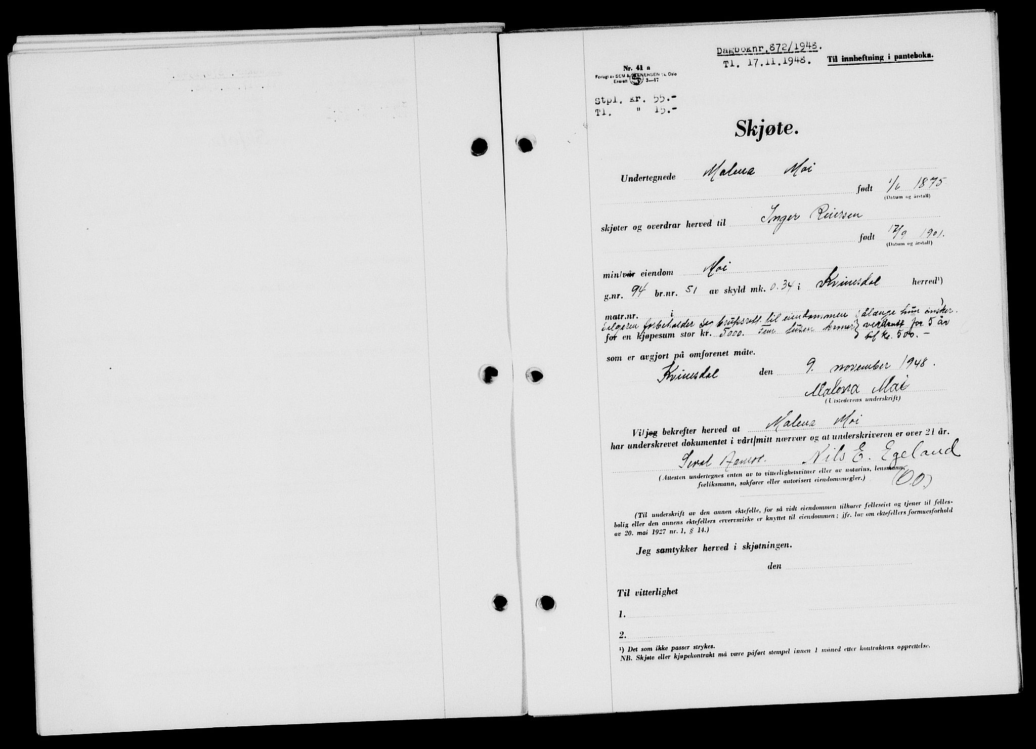 Flekkefjord sorenskriveri, SAK/1221-0001/G/Gb/Gba/L0064: Mortgage book no. A-12, 1948-1949, Diary no: : 872/1948
