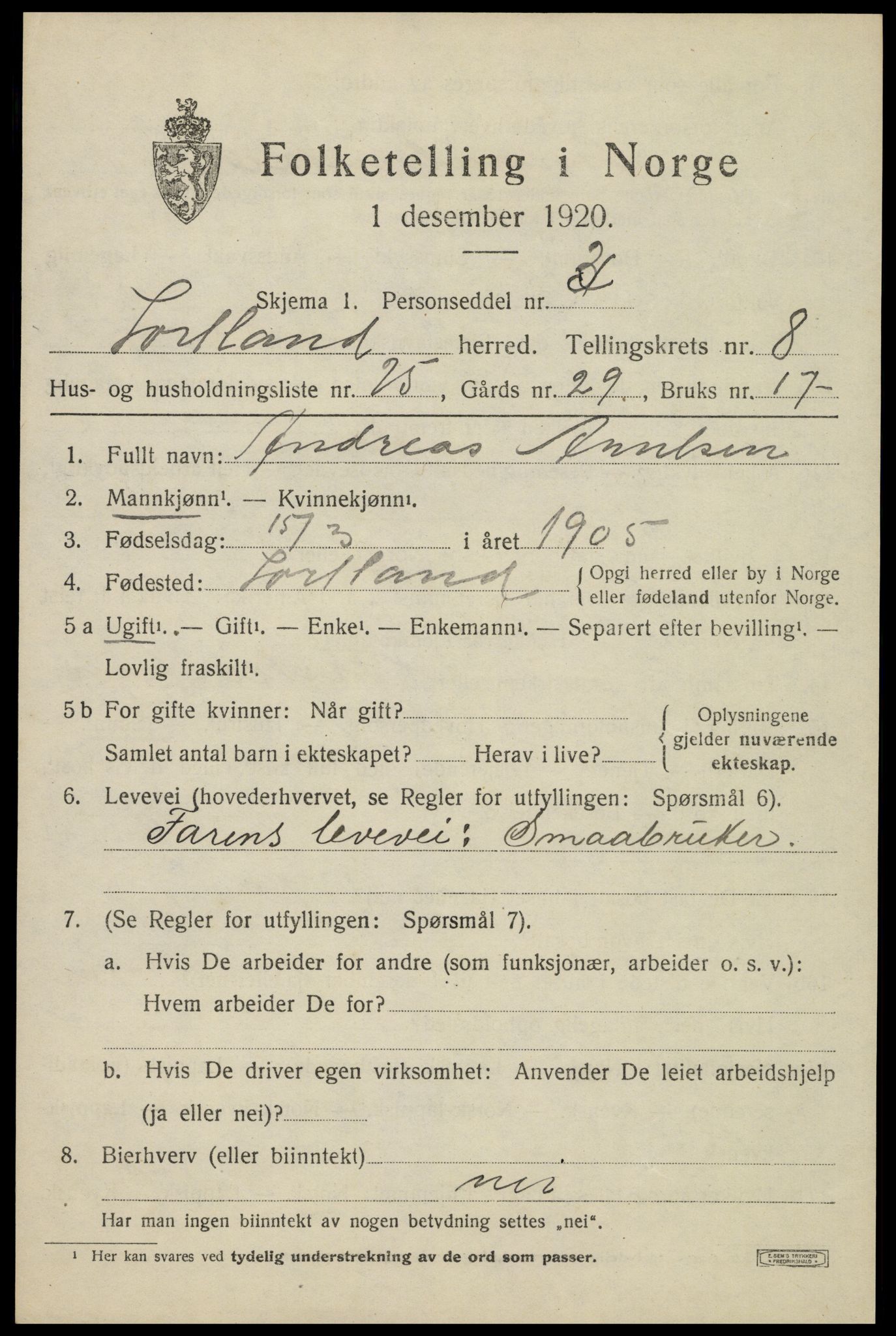 SAT, 1920 census for Sortland, 1920, p. 7118