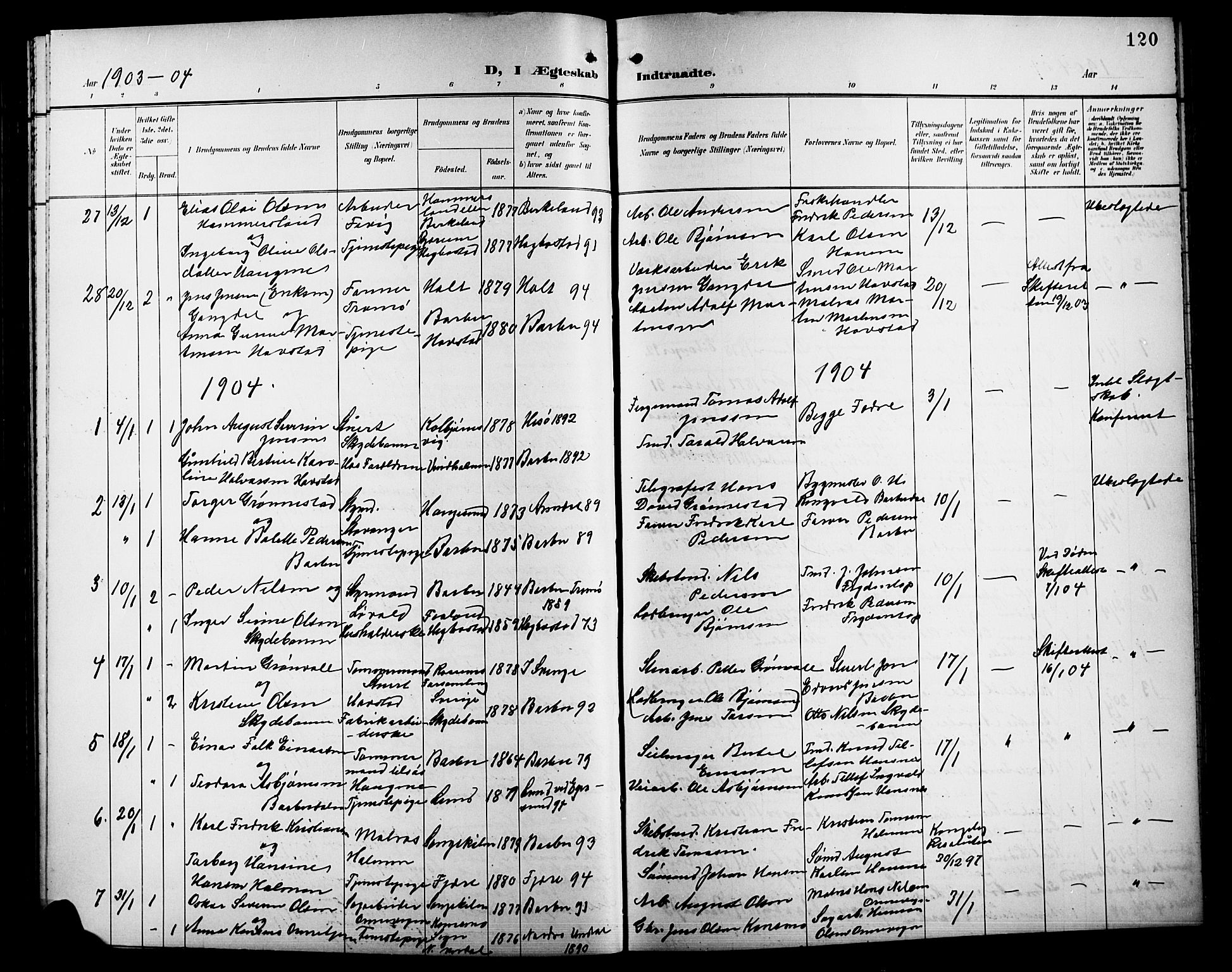 Barbu sokneprestkontor, AV/SAK-1111-0003/F/Fb/L0003: Parish register (copy) no. B 3, 1897-1911, p. 120