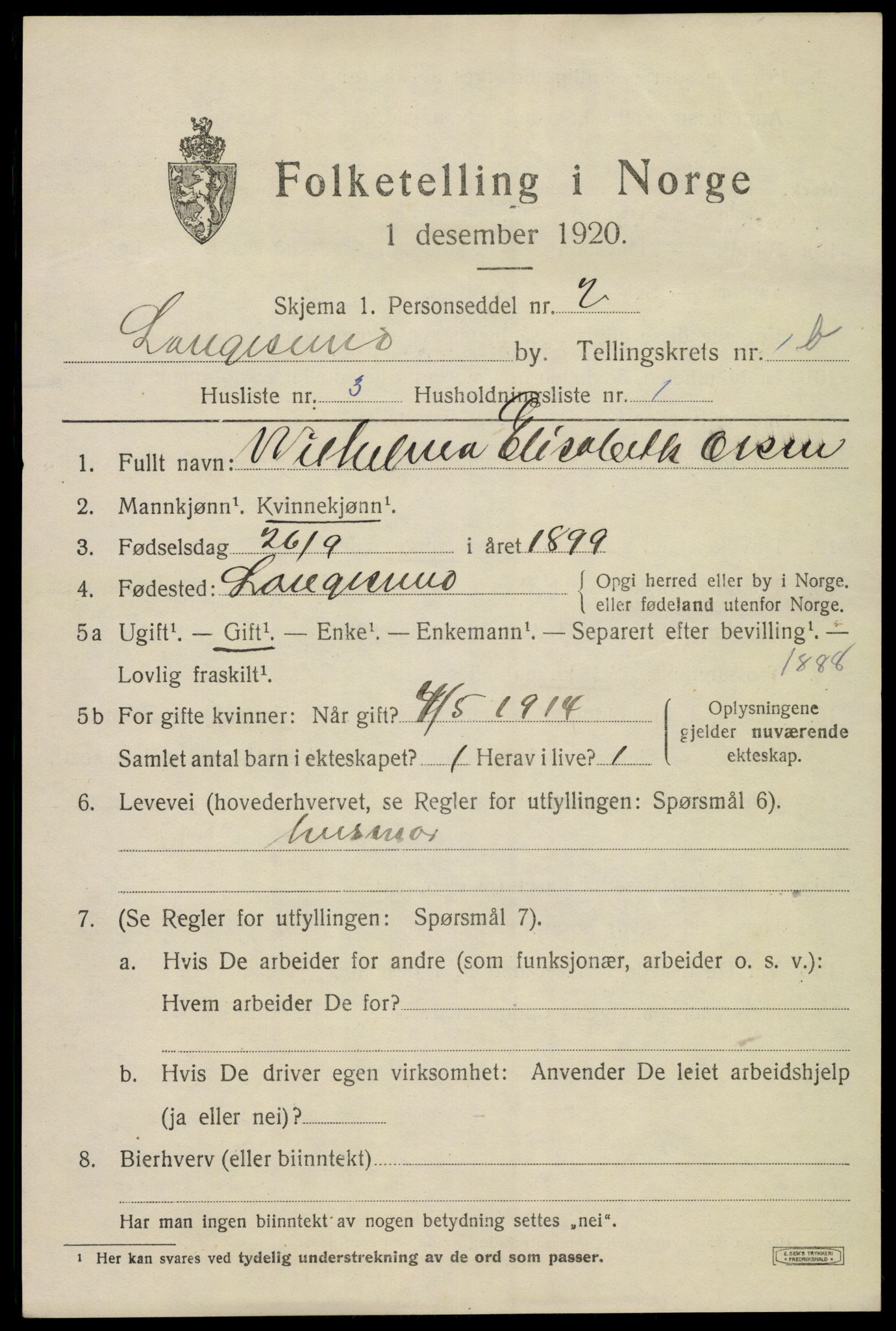 SAKO, 1920 census for Langesund, 1920, p. 2741