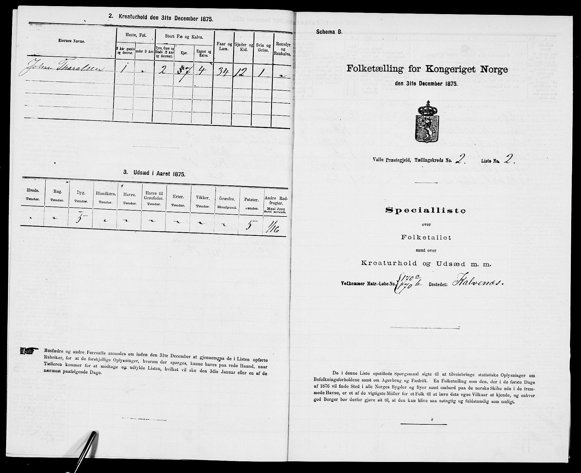 SAK, 1875 census for 0940P Valle, 1875, p. 153