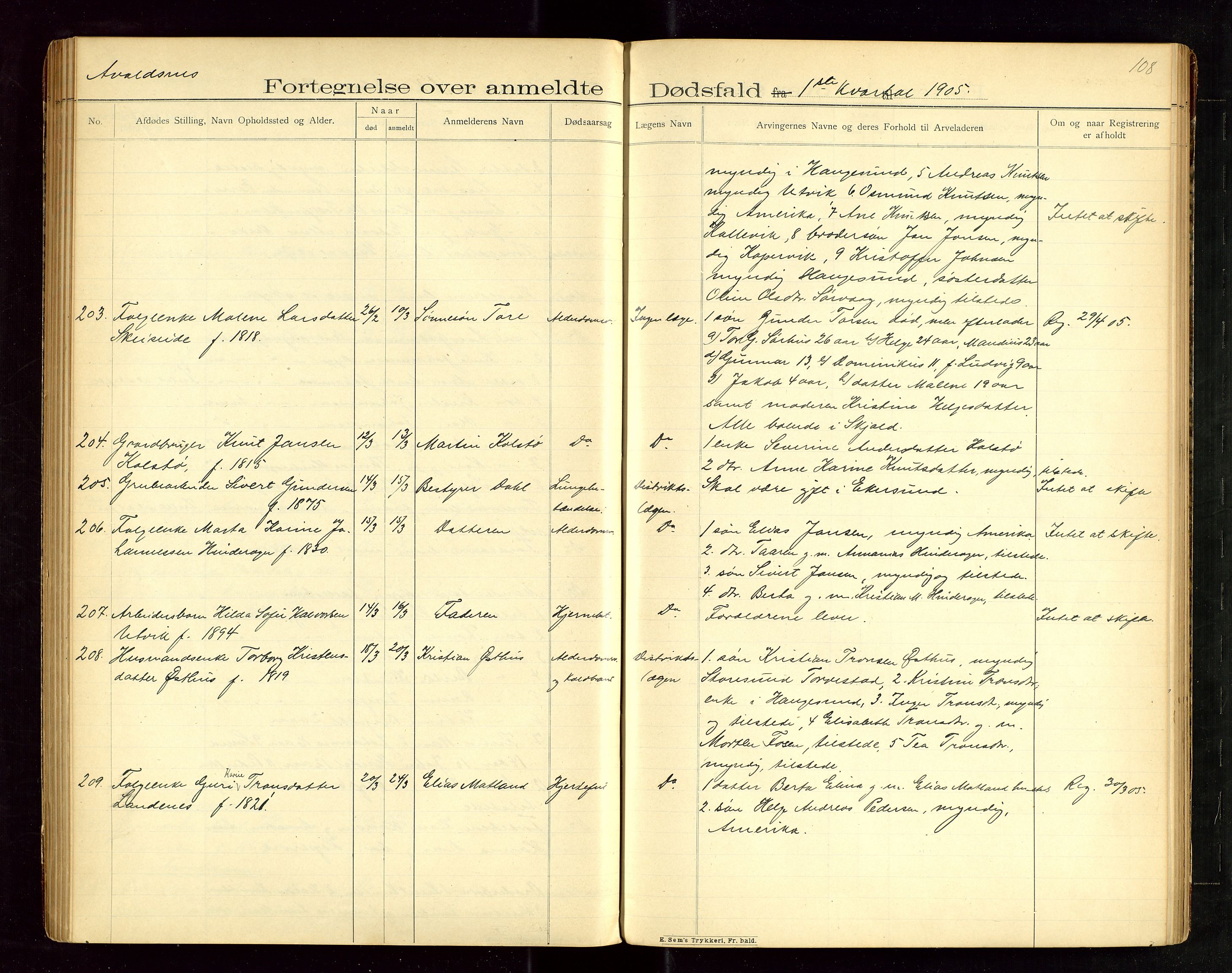 Karmsund sorenskriveri, SAST/A-100311/01/IV/IVAB/L0003: DØDSFALLSPROTOKOLL, 1902-1905, p. 107-108