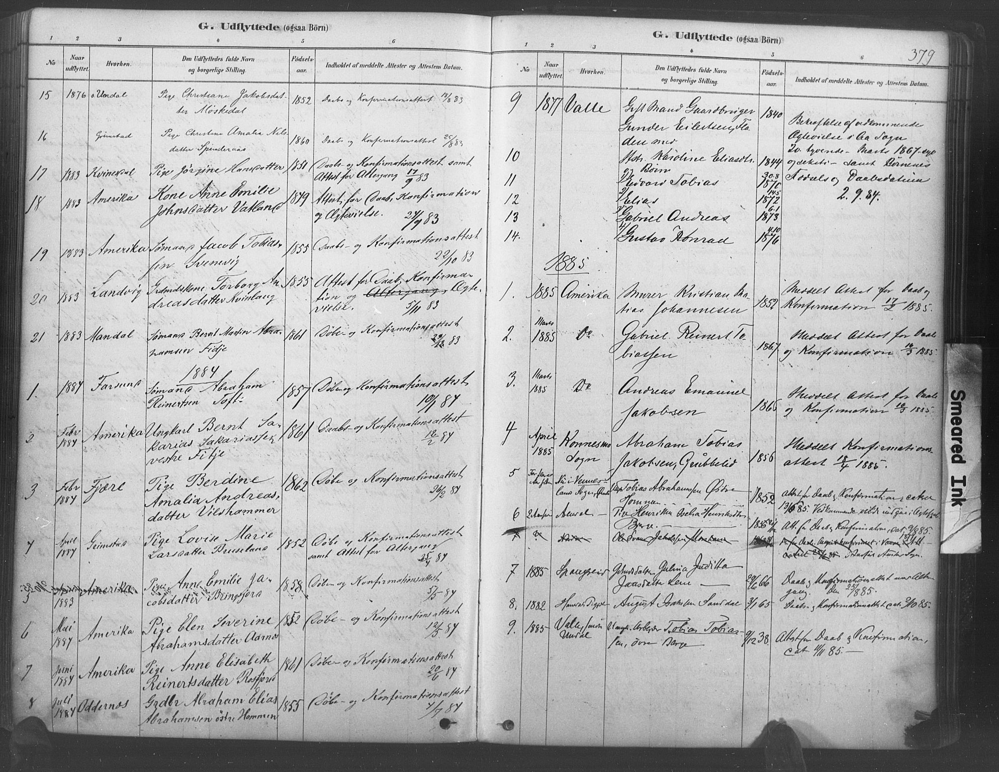 Lyngdal sokneprestkontor, SAK/1111-0029/F/Fa/Fac/L0011: Parish register (official) no. A 11, 1878-1893, p. 379