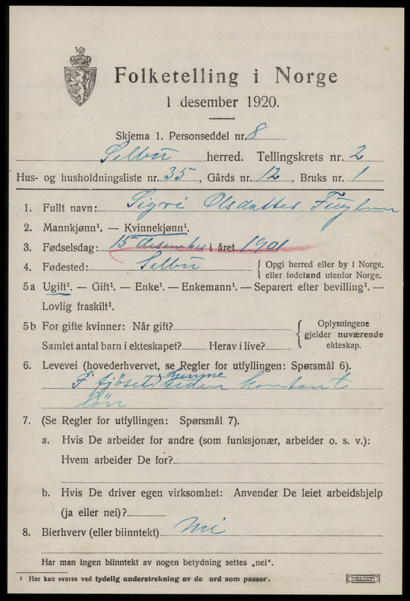 SAT, 1920 census for Selbu, 1920, p. 2302