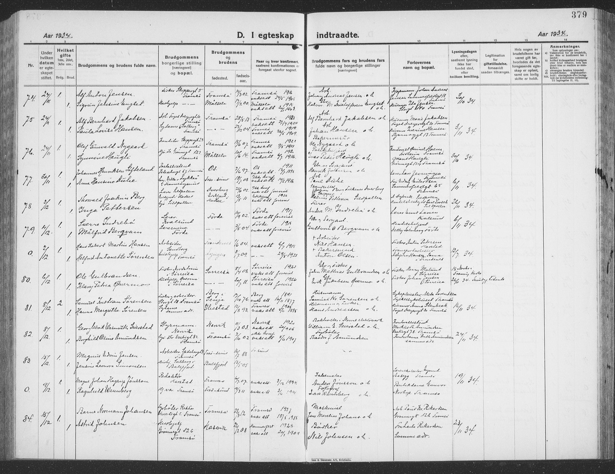 Tromsø sokneprestkontor/stiftsprosti/domprosti, AV/SATØ-S-1343/G/Gb/L0010klokker: Parish register (copy) no. 10, 1925-1937, p. 379