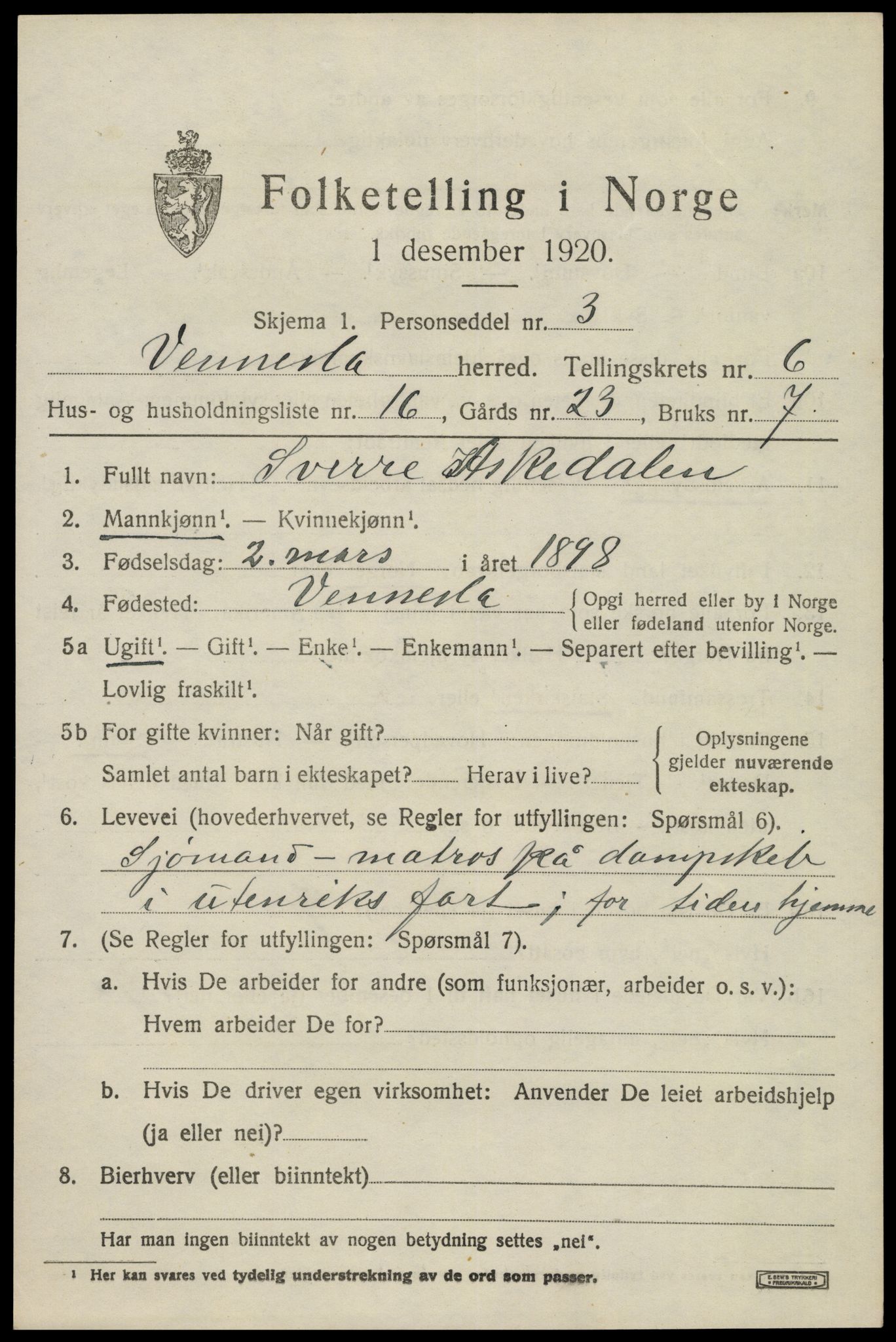 SAK, 1920 census for Vennesla, 1920, p. 4498