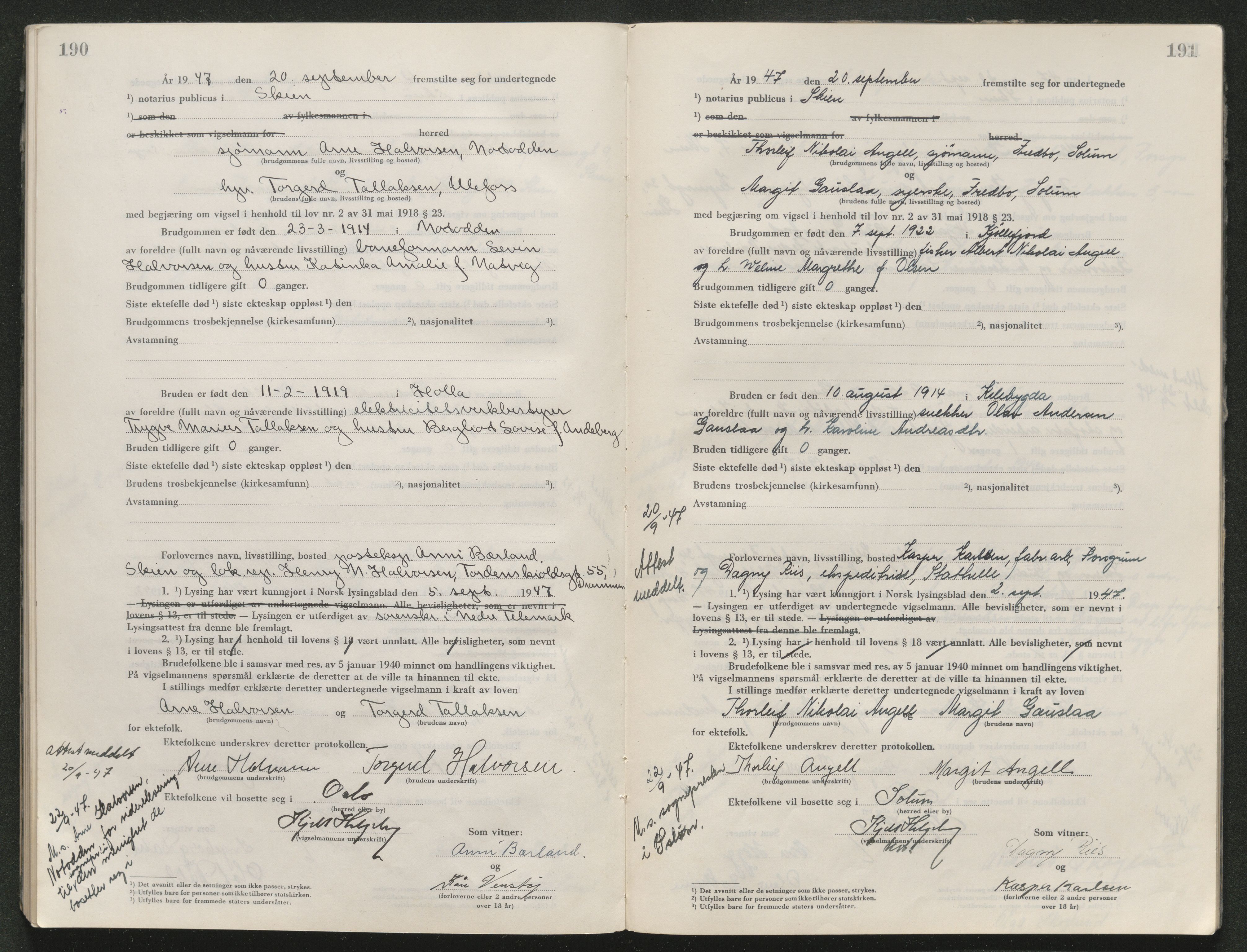 Skien sorenskriveri, AV/SAKO-A-225/L/La/L0001: Vigselsprotokoll, 1920-1947, p. 190-191