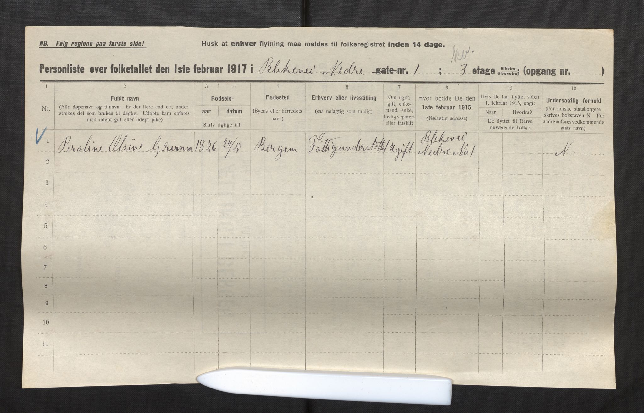 SAB, Municipal Census 1917 for Bergen, 1917, p. 2837