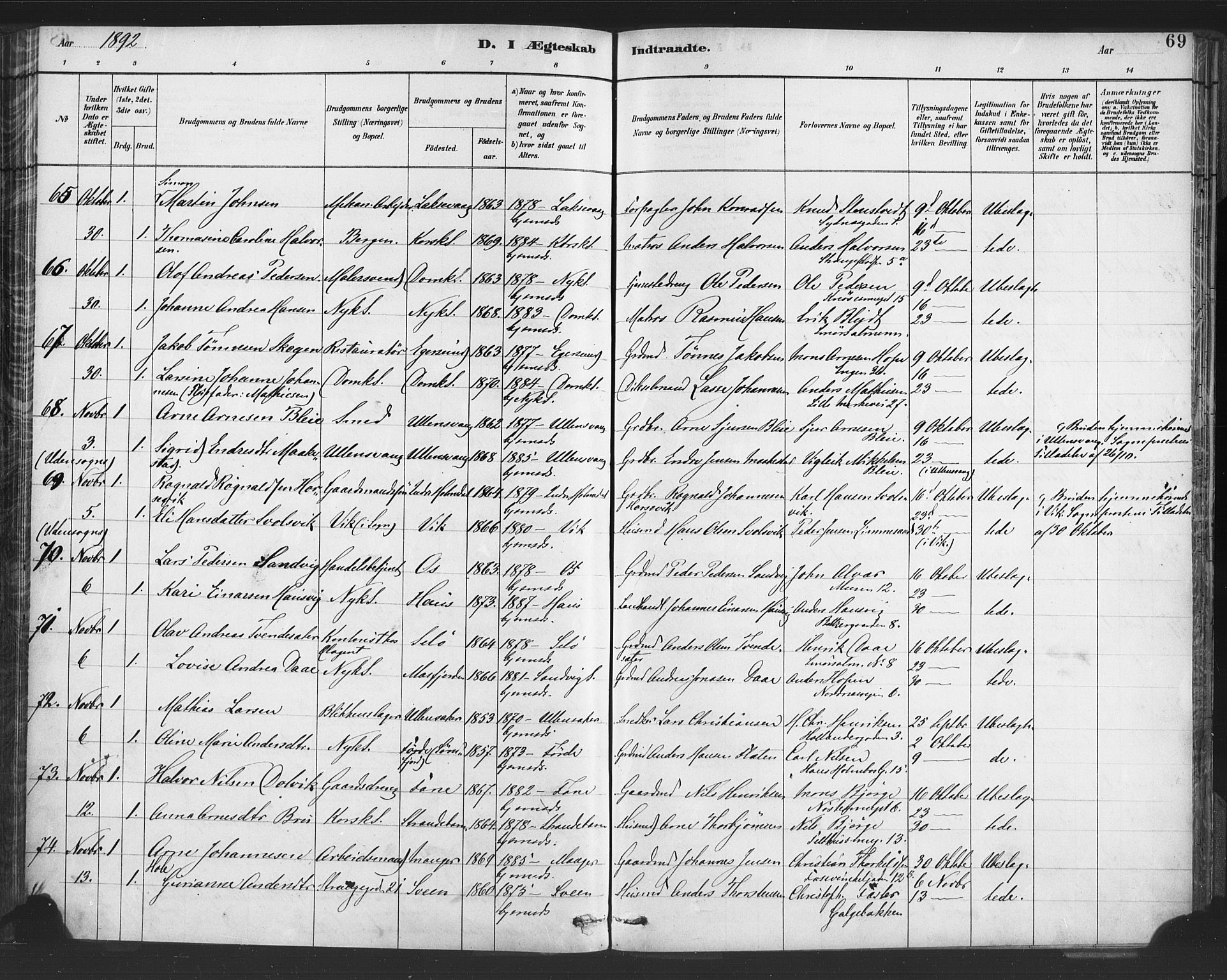 Nykirken Sokneprestembete, AV/SAB-A-77101/H/Haa/L0033: Parish register (official) no. D 3, 1884-1895, p. 69