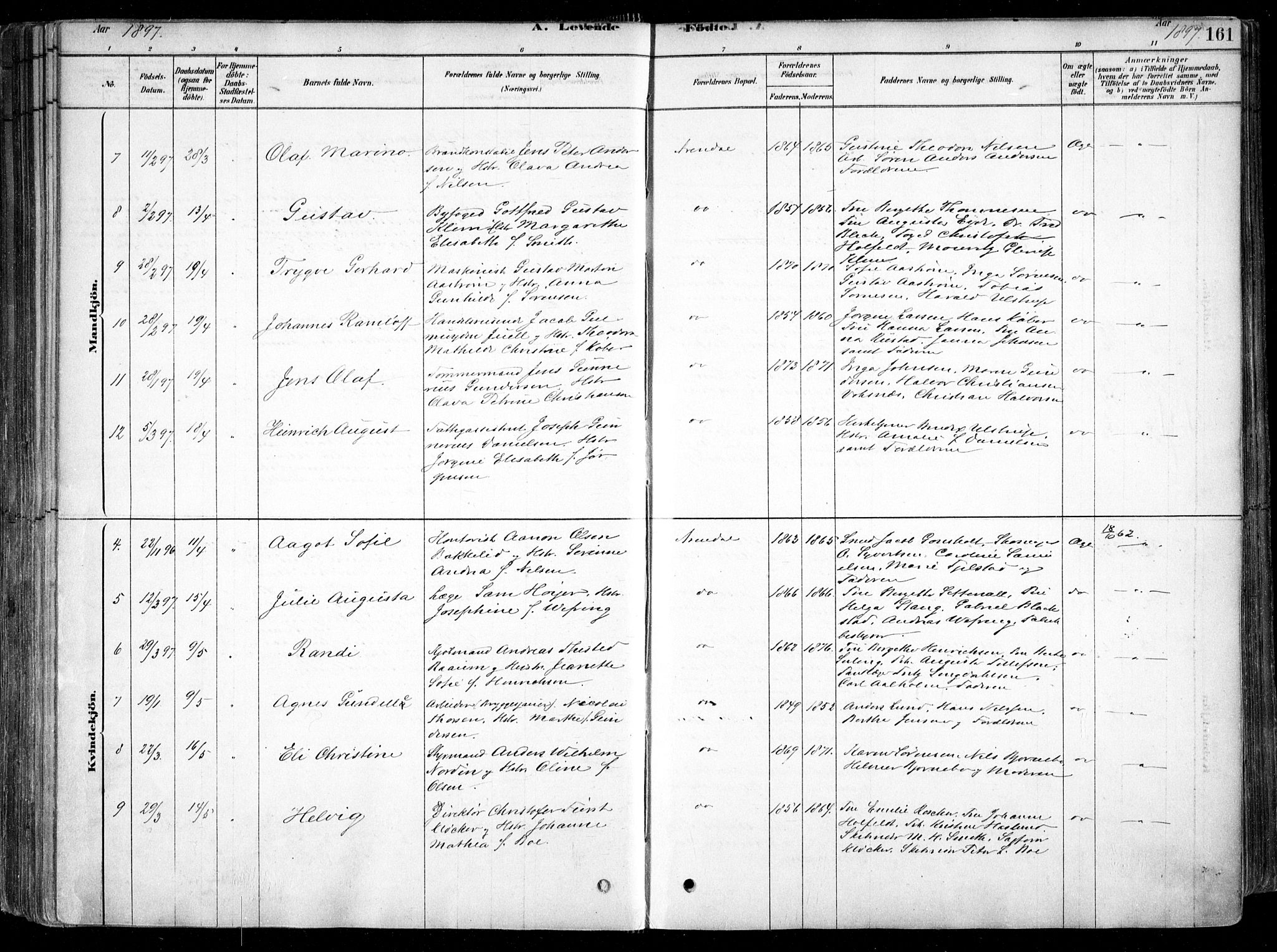 Arendal sokneprestkontor, Trefoldighet, SAK/1111-0040/F/Fa/L0008: Parish register (official) no. A 8, 1878-1899, p. 161