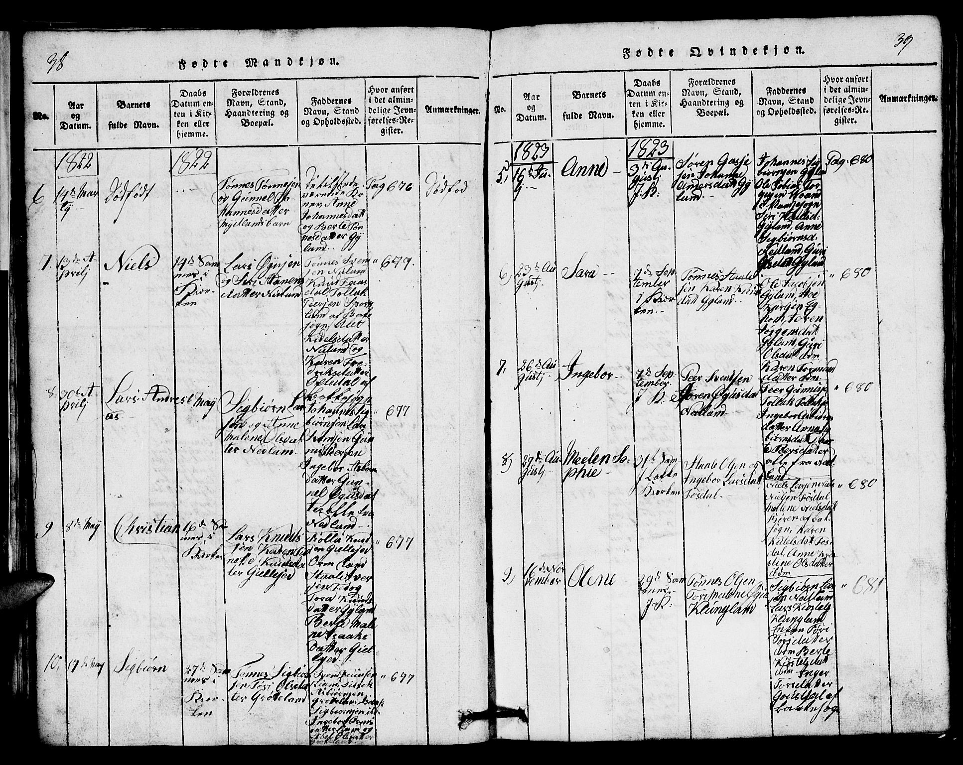 Bakke sokneprestkontor, AV/SAK-1111-0002/F/Fb/Fbb/L0001: Parish register (copy) no. B 1, 1815-1835, p. 38-39