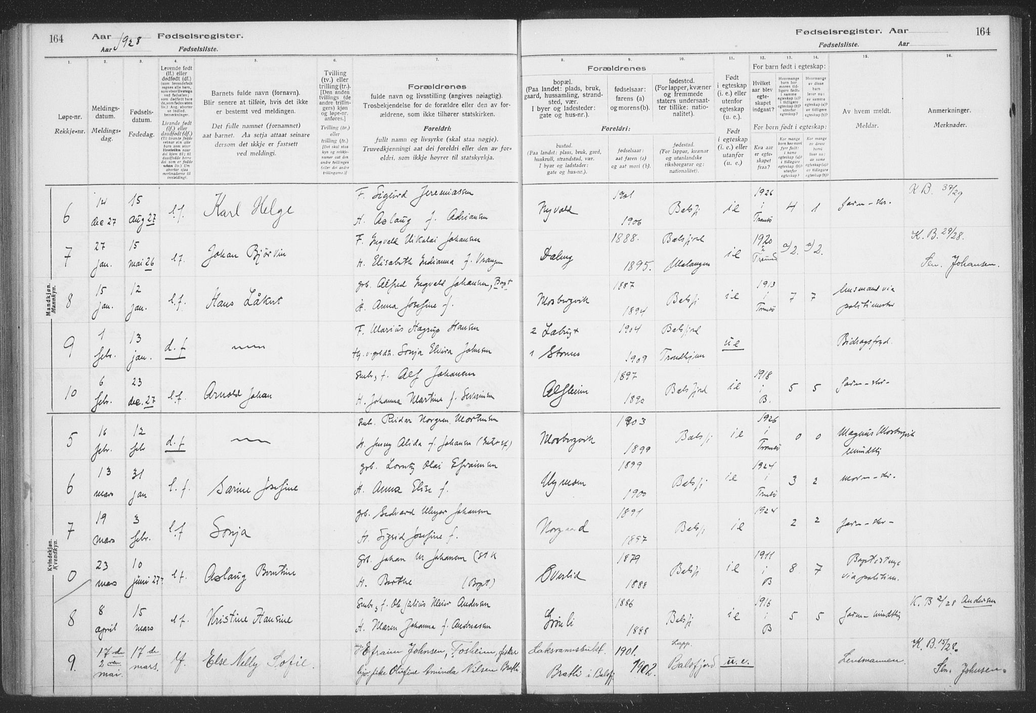 Balsfjord sokneprestembete, SATØ/S-1303/H/Hb/L0059: Birth register no. 59, 1916-1930, p. 164