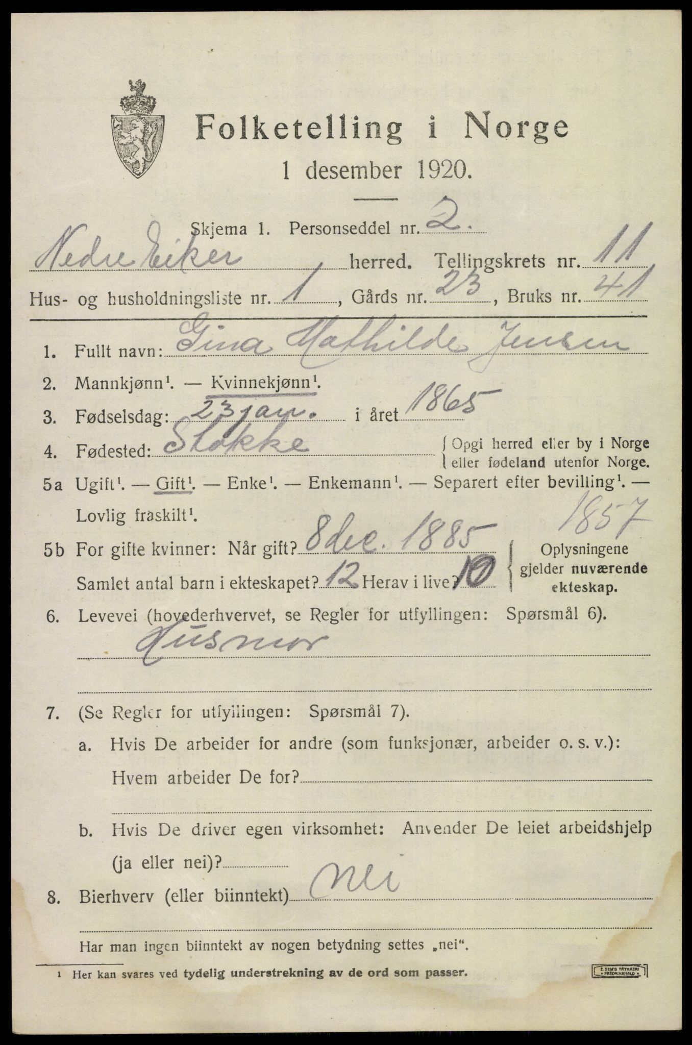 SAKO, 1920 census for Nedre Eiker, 1920, p. 11049