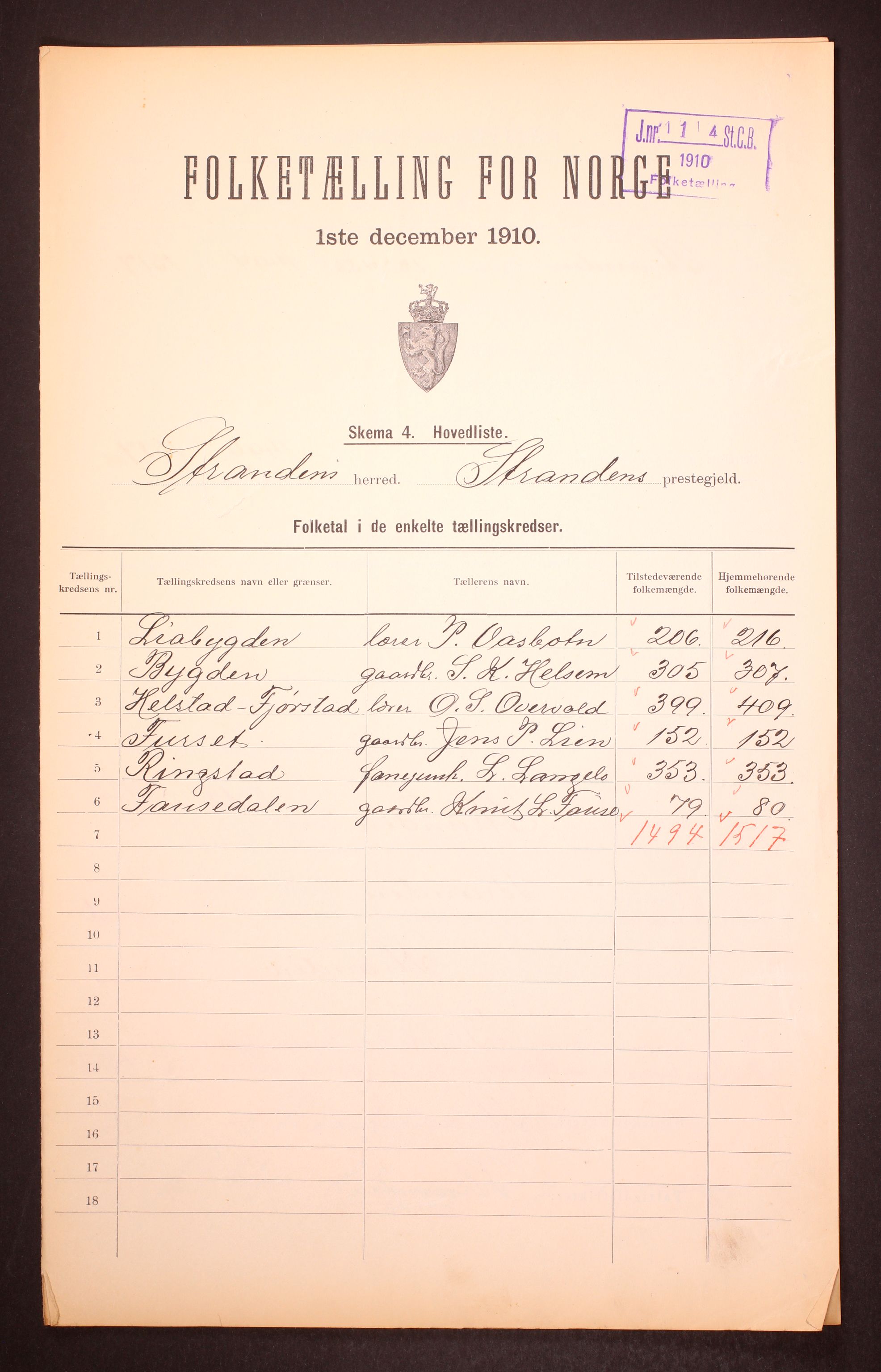 RA, 1910 census for Stranda, 1910, p. 2