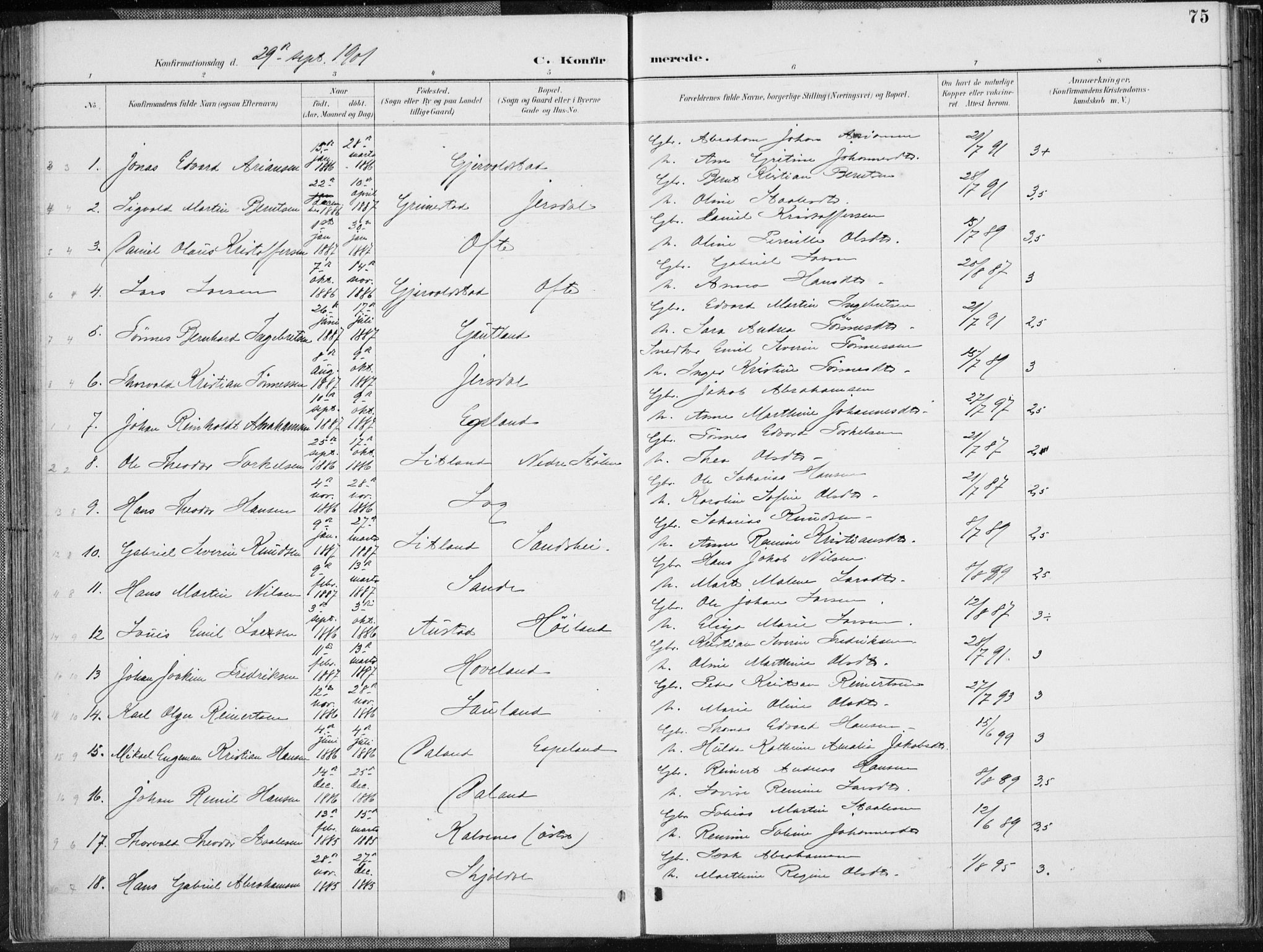Herad sokneprestkontor, SAK/1111-0018/F/Fa/Faa/L0006: Parish register (official) no. A 6, 1887-1907, p. 75