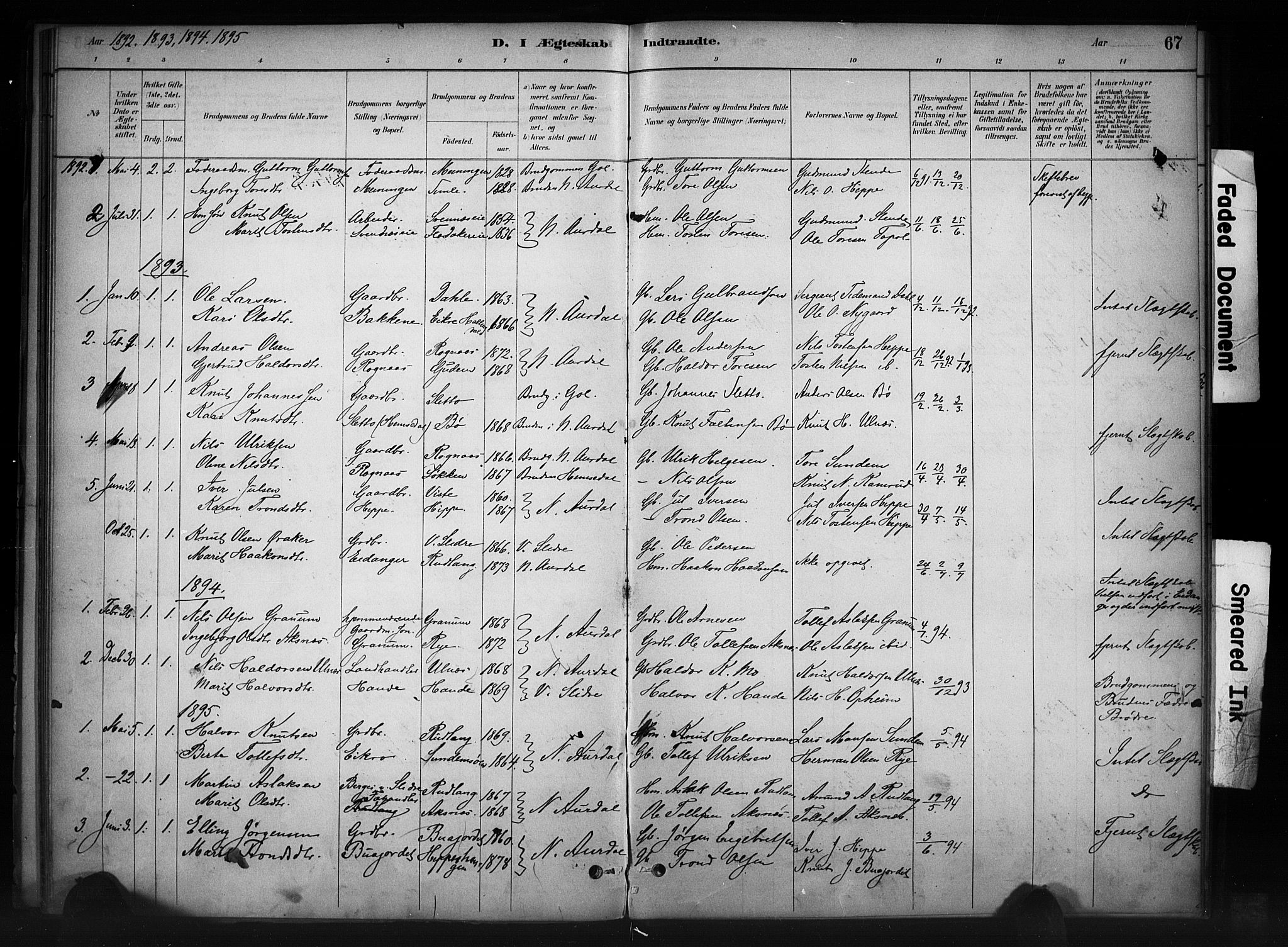 Nord-Aurdal prestekontor, SAH/PREST-132/H/Ha/Haa/L0011: Parish register (official) no. 11, 1883-1896, p. 67