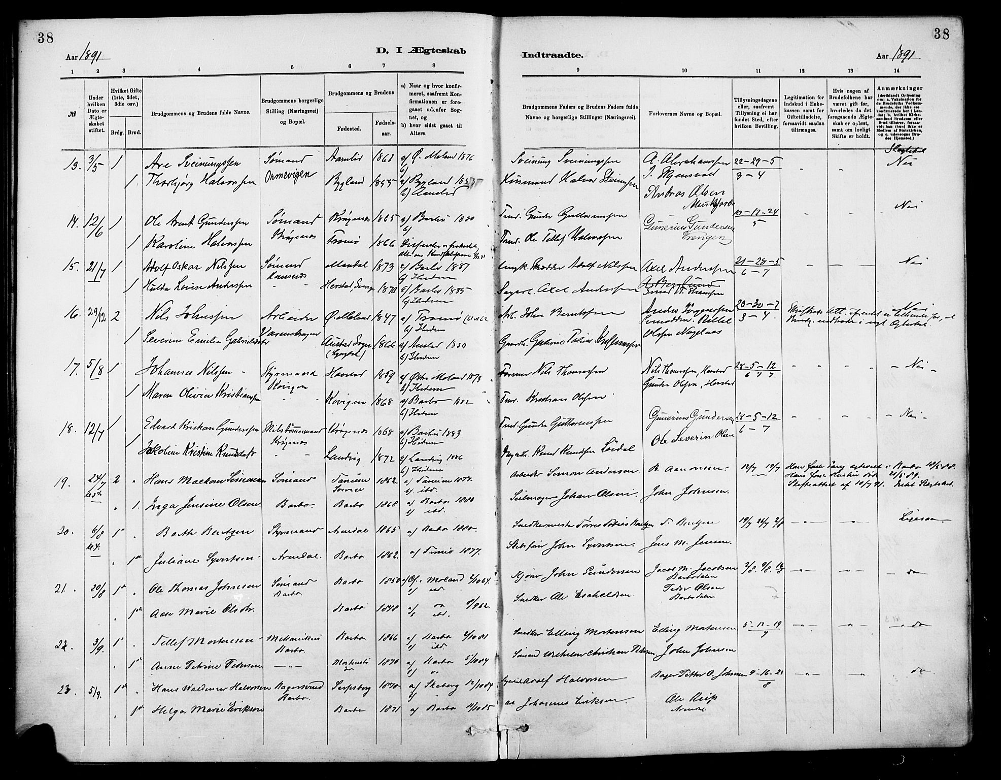 Barbu sokneprestkontor, AV/SAK-1111-0003/F/Fa/L0003: Parish register (official) no. A 3, 1883-1898, p. 38