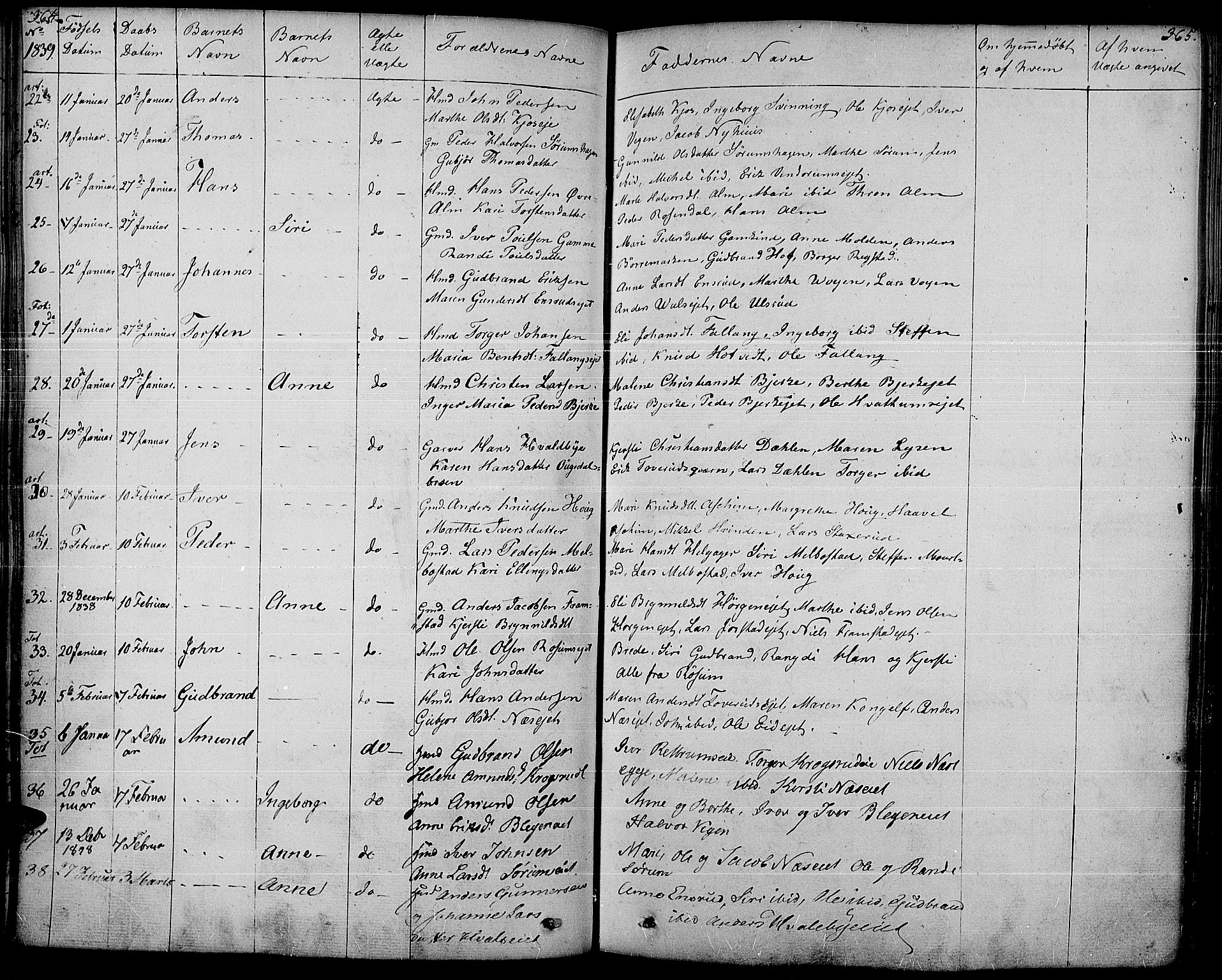 Gran prestekontor, SAH/PREST-112/H/Ha/Haa/L0010: Parish register (official) no. 10, 1824-1842, p. 364-365