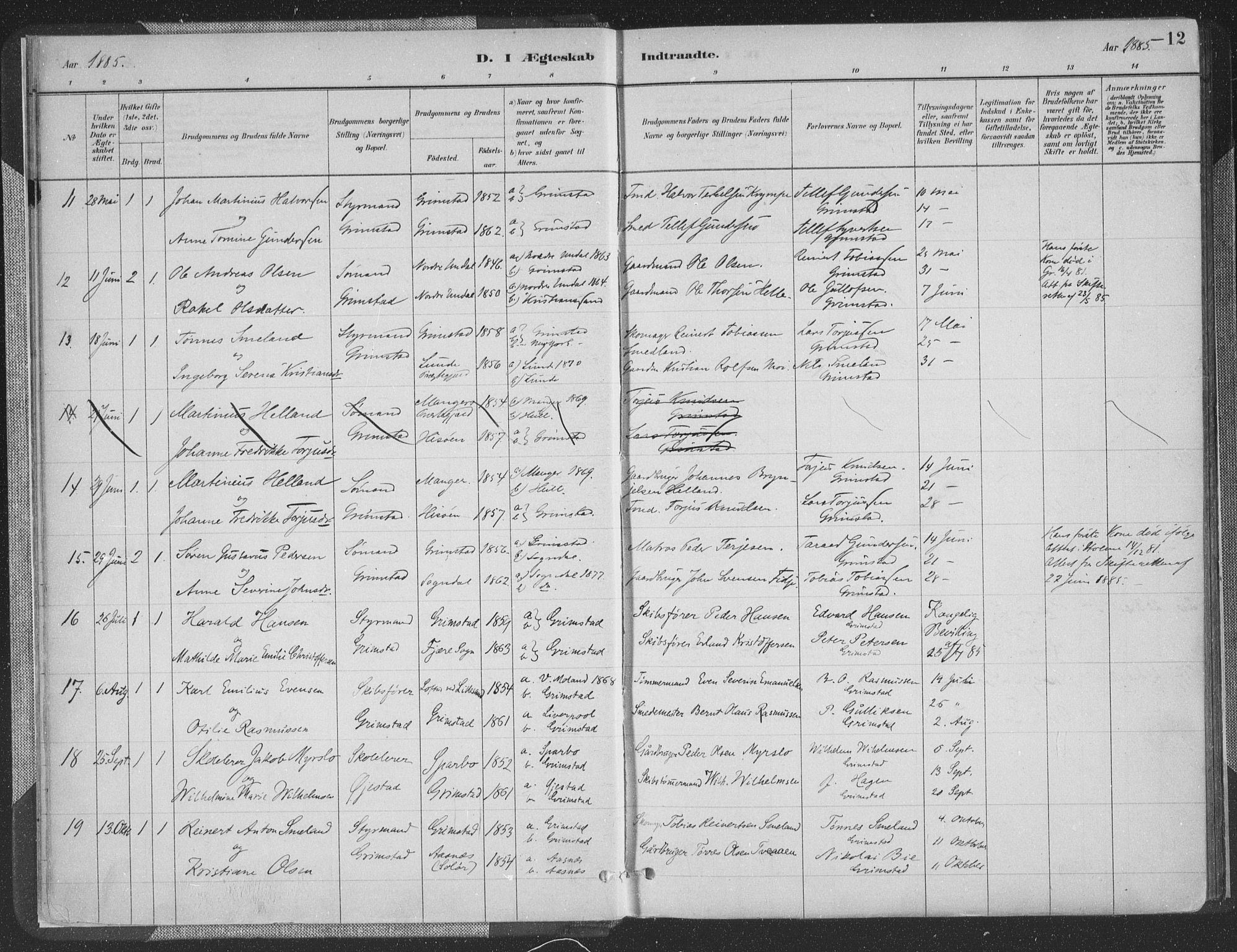 Grimstad sokneprestkontor, AV/SAK-1111-0017/F/Fa/L0004: Parish register (official) no. A 3, 1882-1910, p. 12