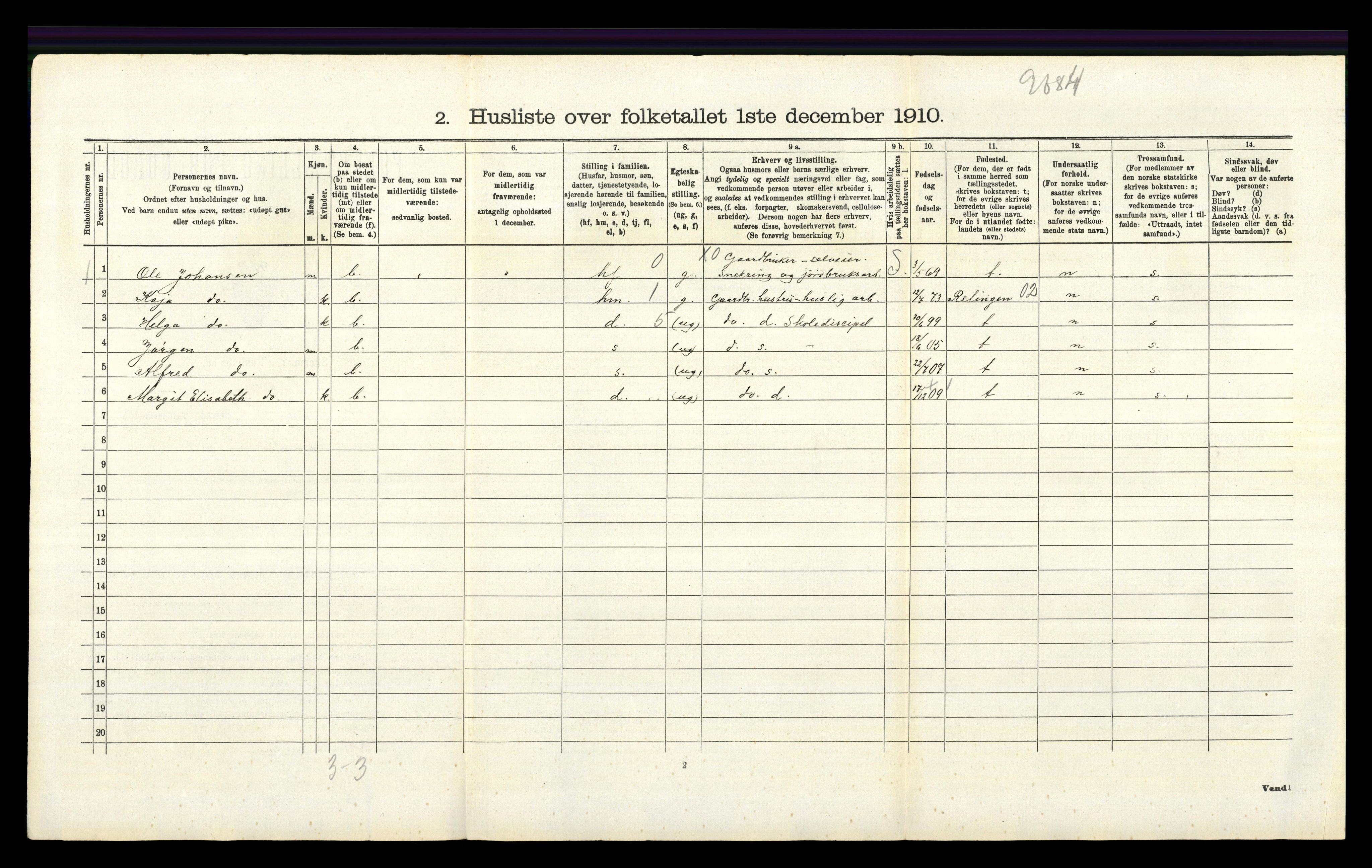 RA, 1910 census for Enebakk, 1910, p. 288