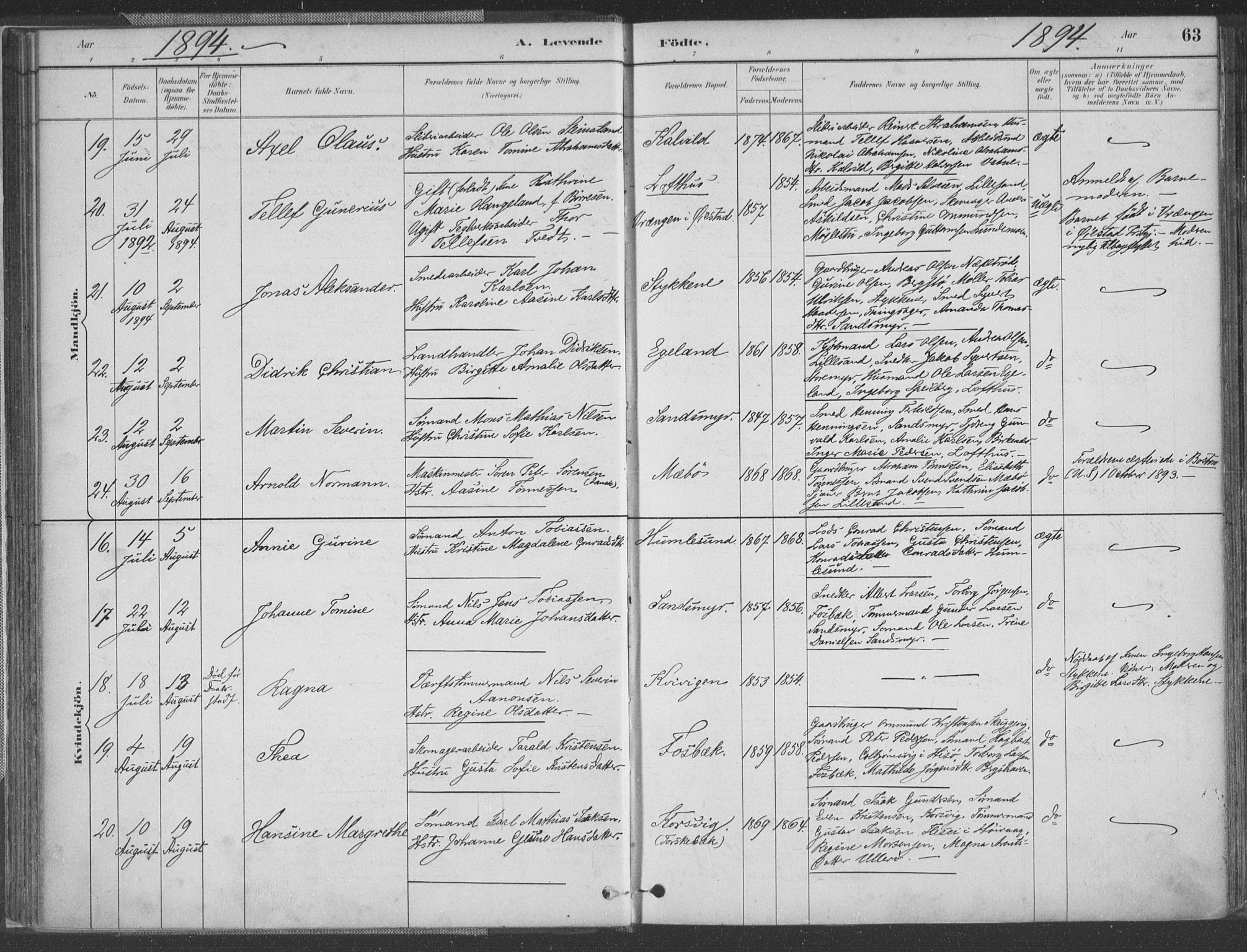 Vestre Moland sokneprestkontor, AV/SAK-1111-0046/F/Fa/Fab/L0009: Parish register (official) no. A 9, 1884-1899, p. 63