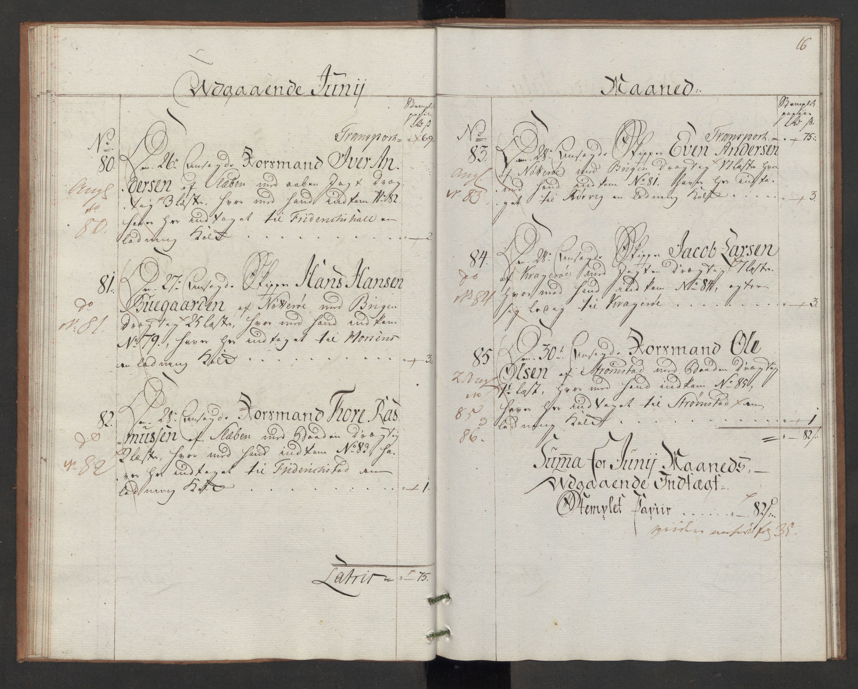 Generaltollkammeret, tollregnskaper, AV/RA-EA-5490/R06/L0166/0002: Tollregnskaper Kristiania / Utgående hovedtollbok Slependen, 1786, p. 15b-16a