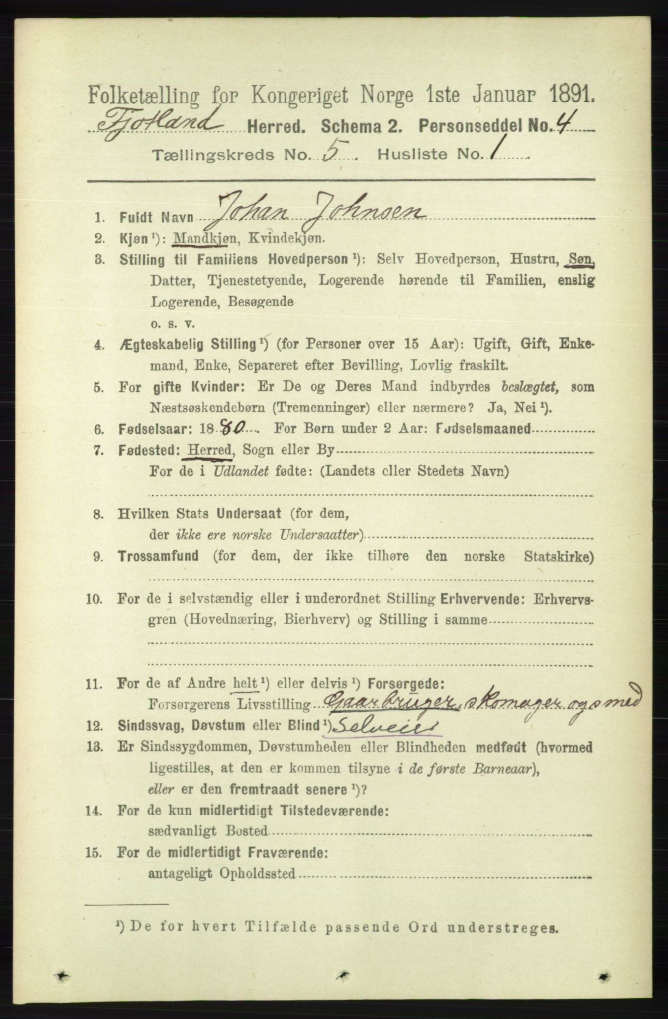 RA, 1891 census for 1036 Fjotland, 1891, p. 722