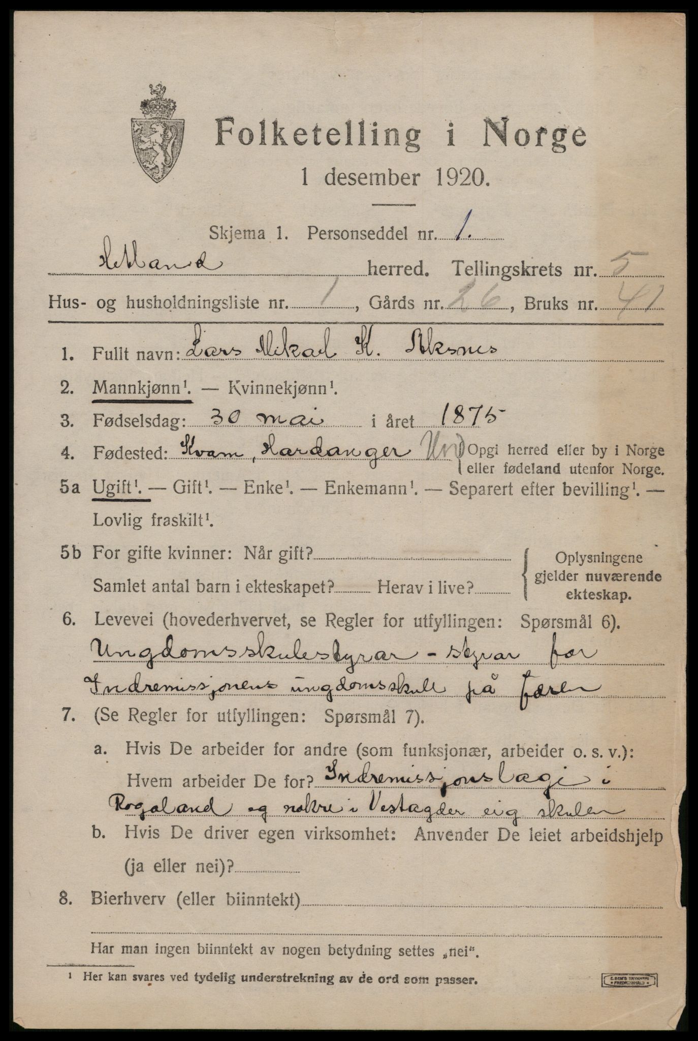 SAST, 1920 census for Hetland, 1920, p. 8153
