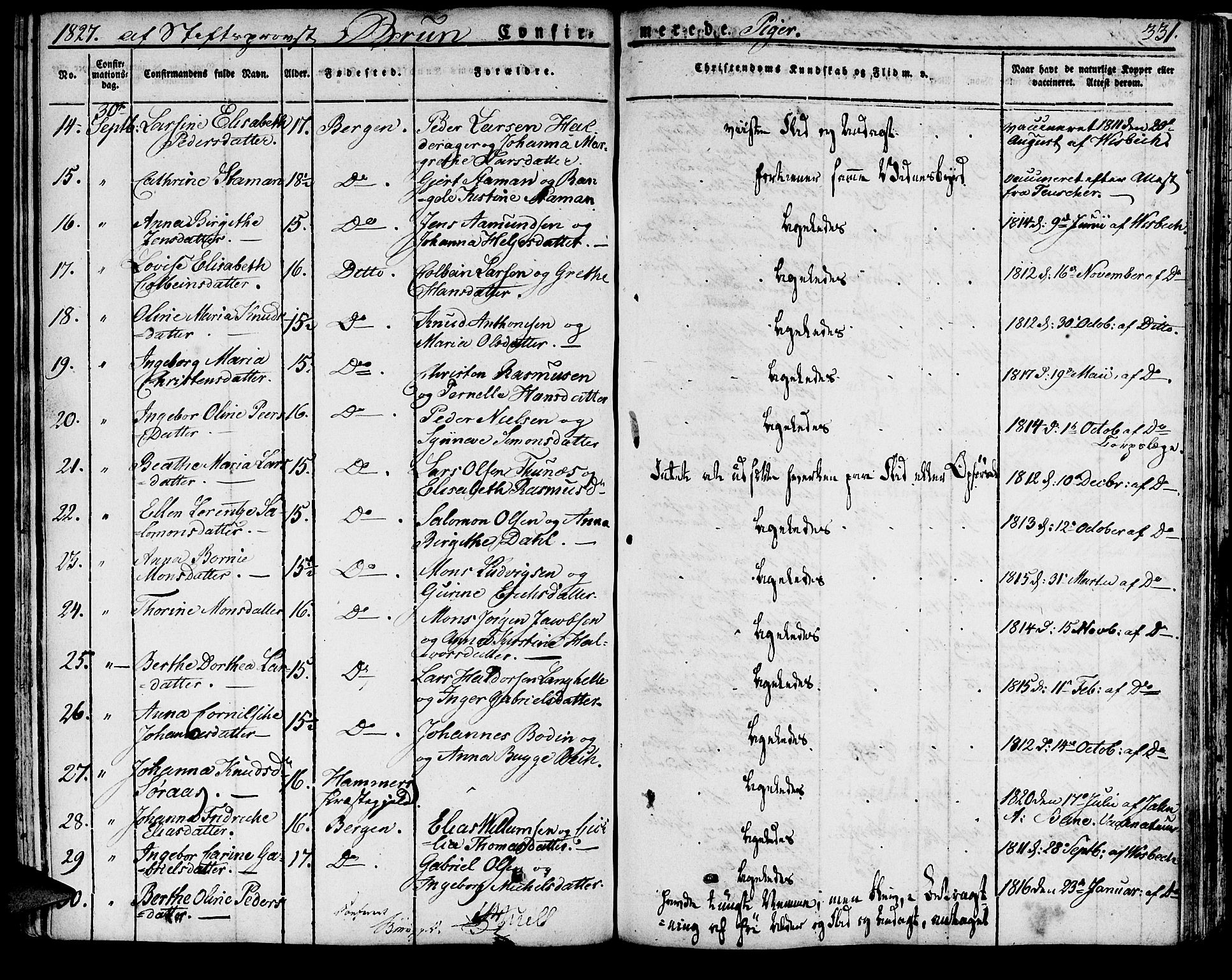 Domkirken sokneprestembete, SAB/A-74801/H/Haa/L0012: Parish register (official) no. A 12, 1821-1840, p. 331