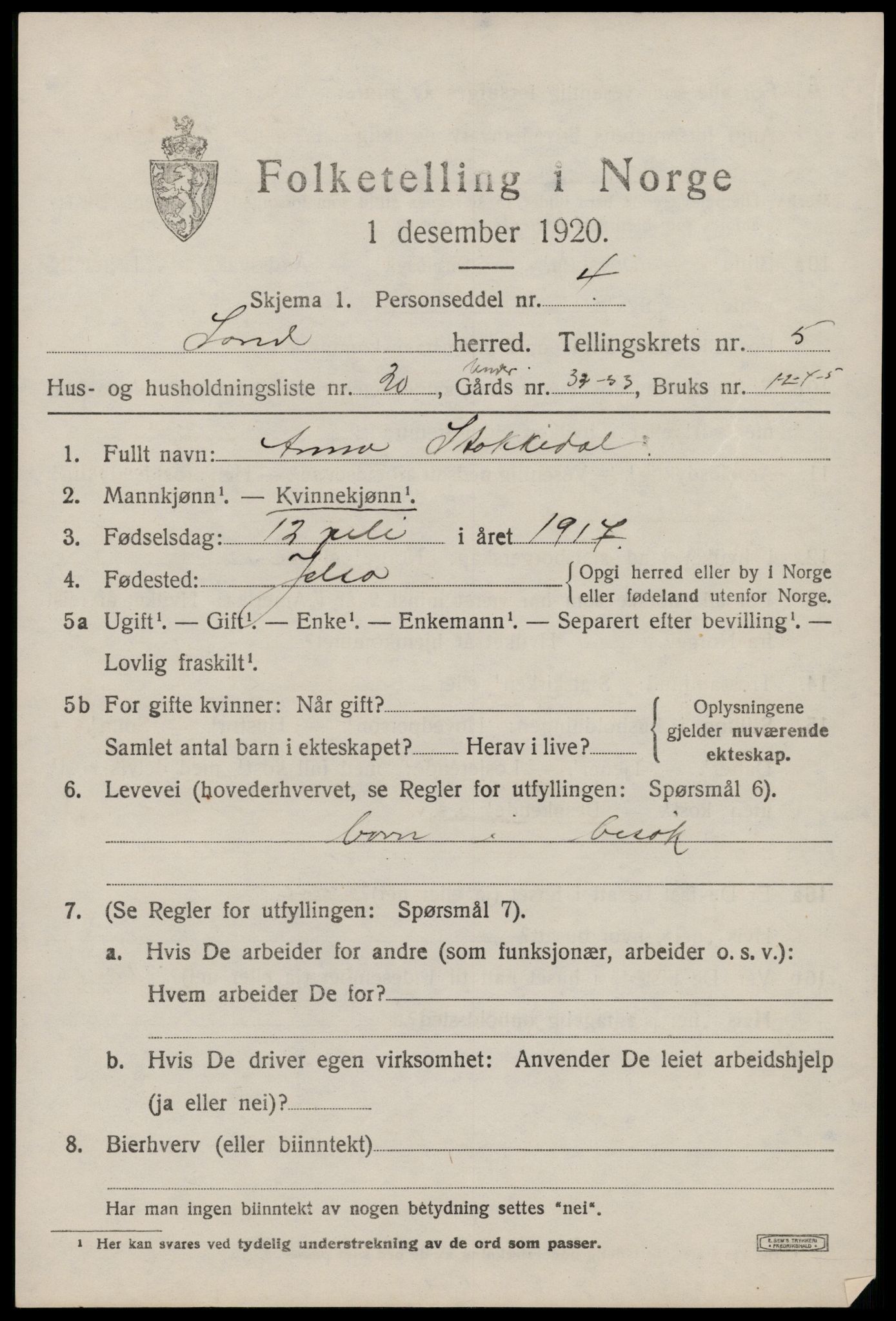 SAST, 1920 census for Sand, 1920, p. 2107