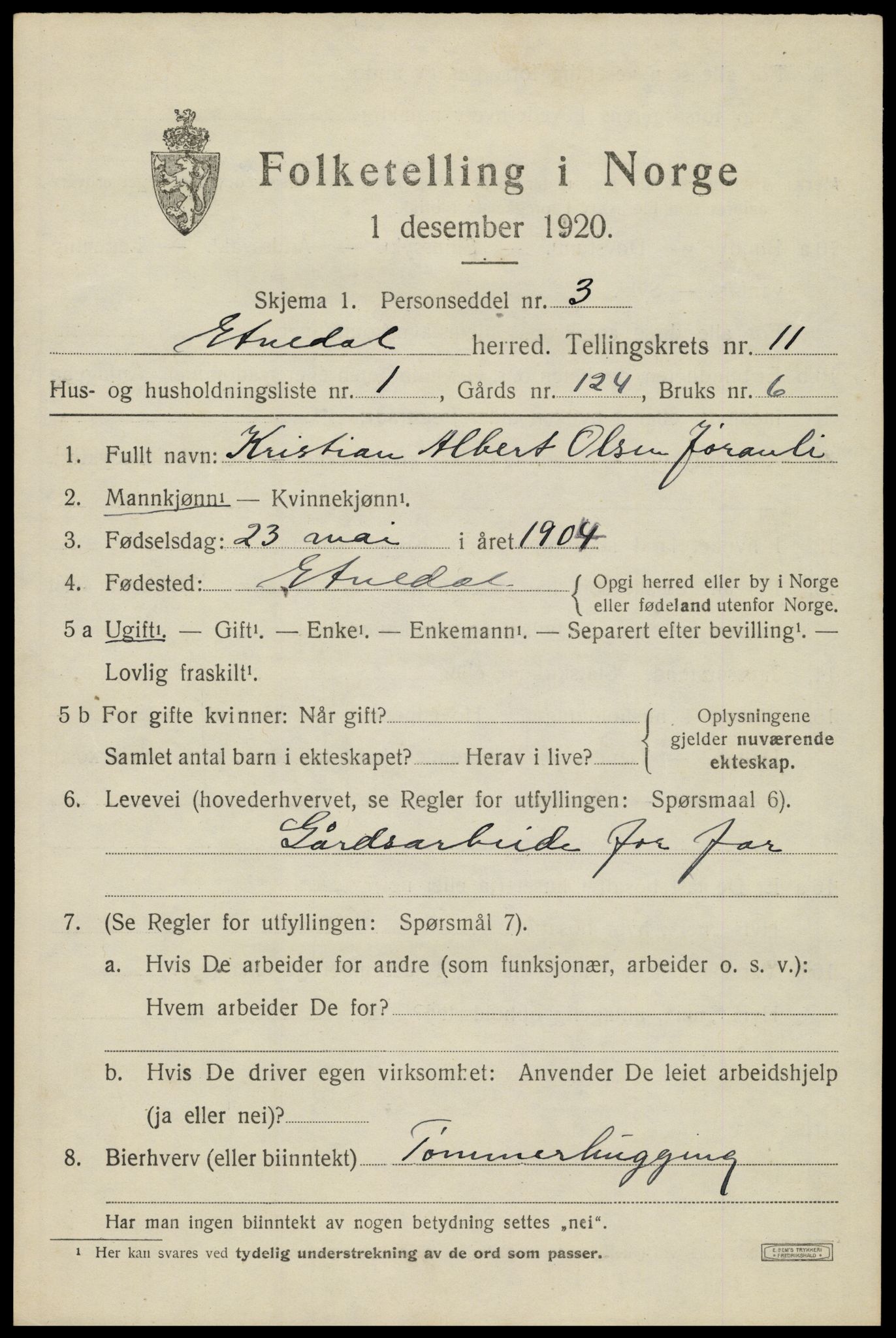 SAH, 1920 census for Etnedal, 1920, p. 4572