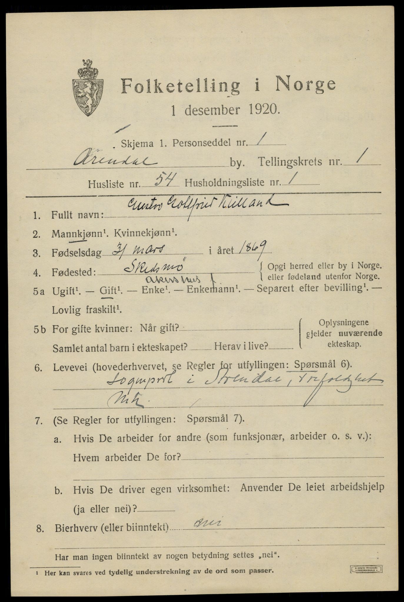 SAK, 1920 census for Arendal, 1920, p. 9920