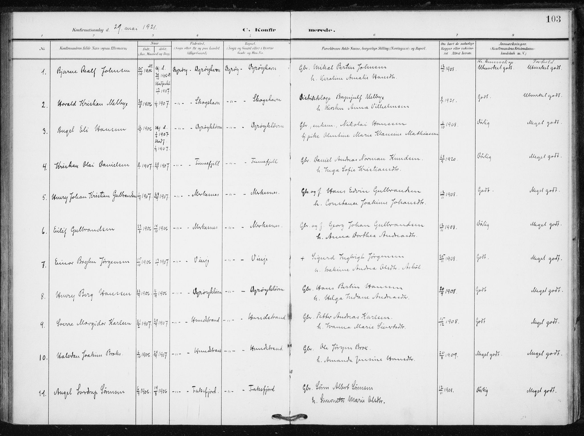 Tranøy sokneprestkontor, AV/SATØ-S-1313/I/Ia/Iaa/L0013kirke: Parish register (official) no. 13, 1905-1922, p. 103