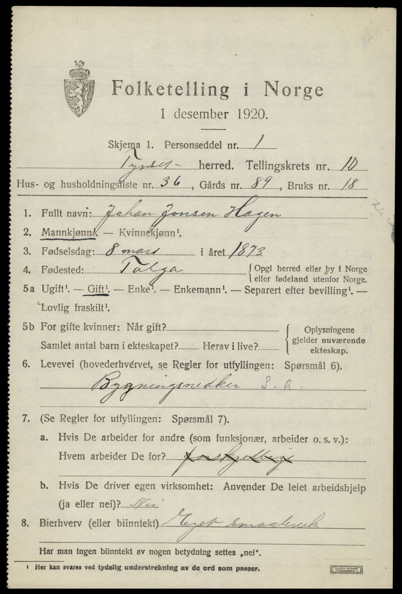 SAH, 1920 census for Tynset, 1920, p. 7986