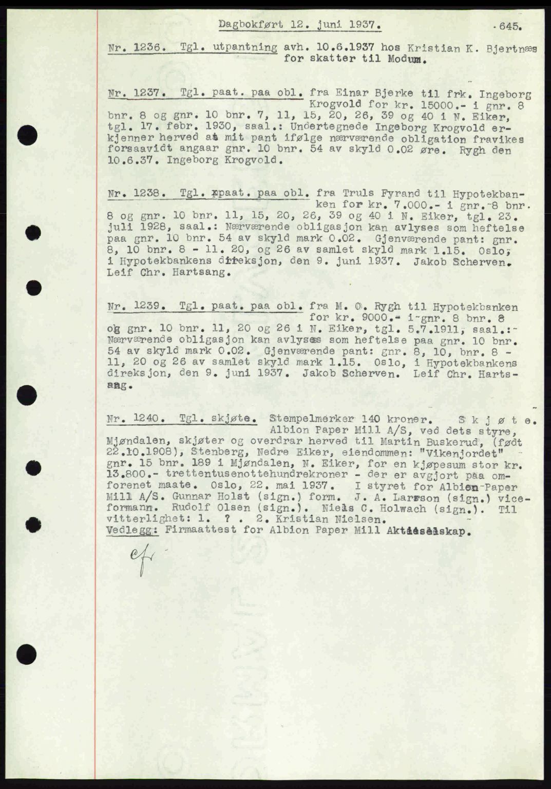 Eiker, Modum og Sigdal sorenskriveri, SAKO/A-123/G/Ga/Gab/L0035: Mortgage book no. A5, 1937-1937, Diary no: : 1236/1937