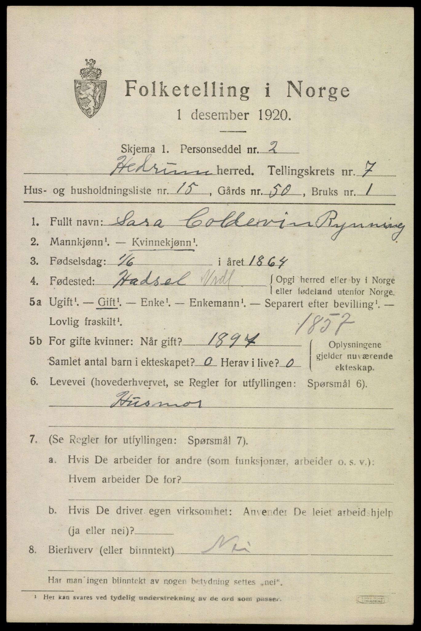 SAKO, 1920 census for Hedrum, 1920, p. 5837