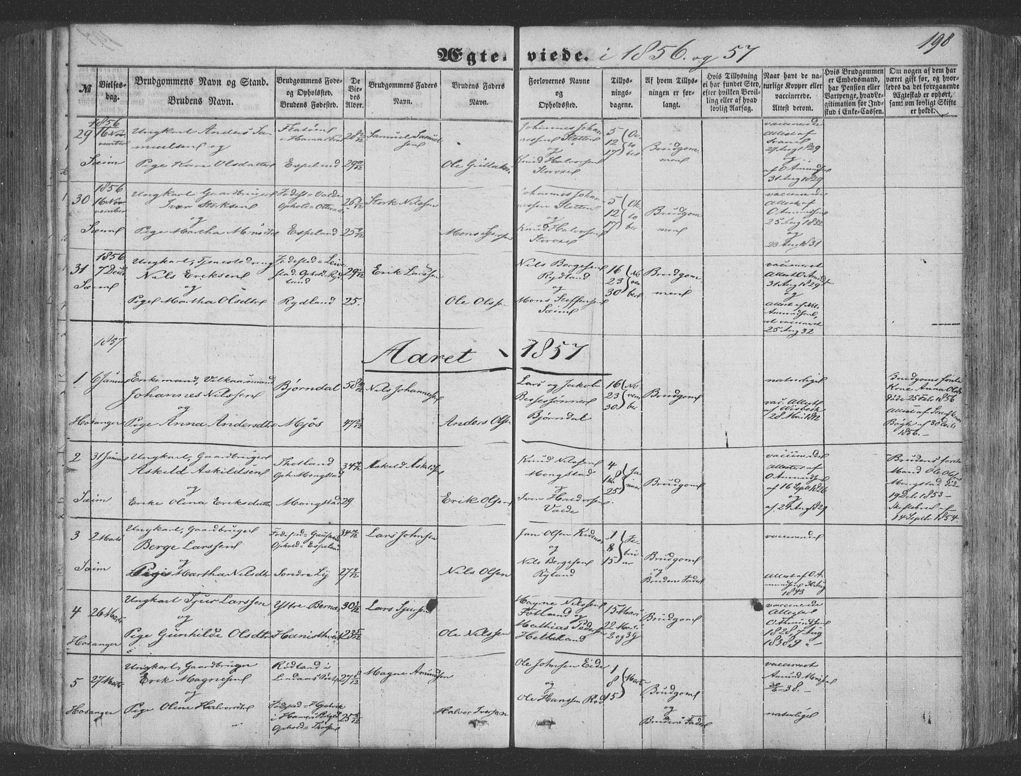 Hosanger sokneprestembete, SAB/A-75801/H/Haa: Parish register (official) no. A 8, 1849-1863, p. 198