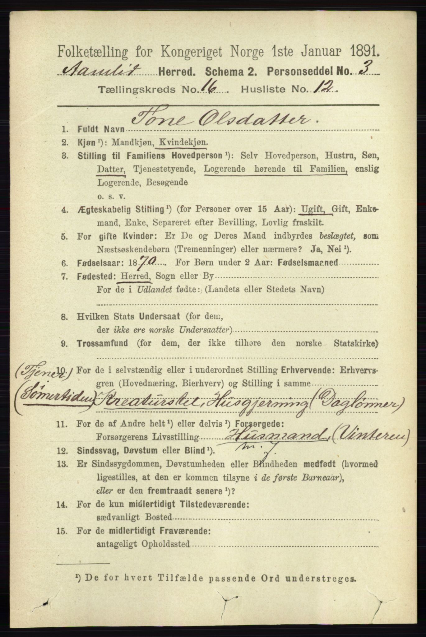 RA, 1891 census for 0929 Åmli, 1891, p. 2772