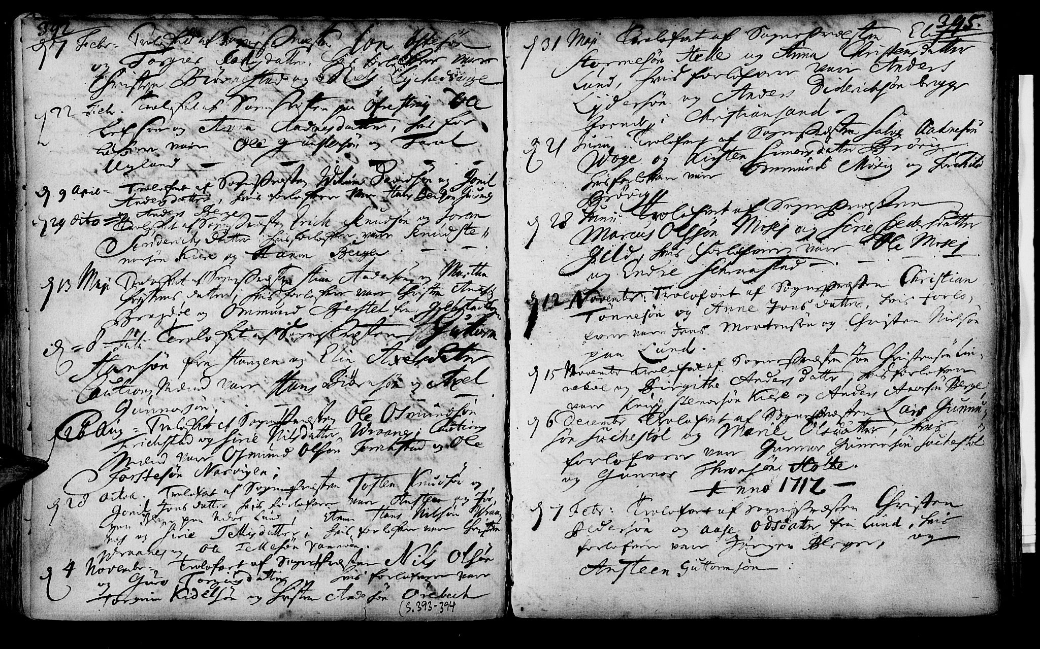 Oddernes sokneprestkontor, SAK/1111-0033/F/Fa/Faa/L0001: Parish register (official) no. A 1, 1692-1718, p. 392-393