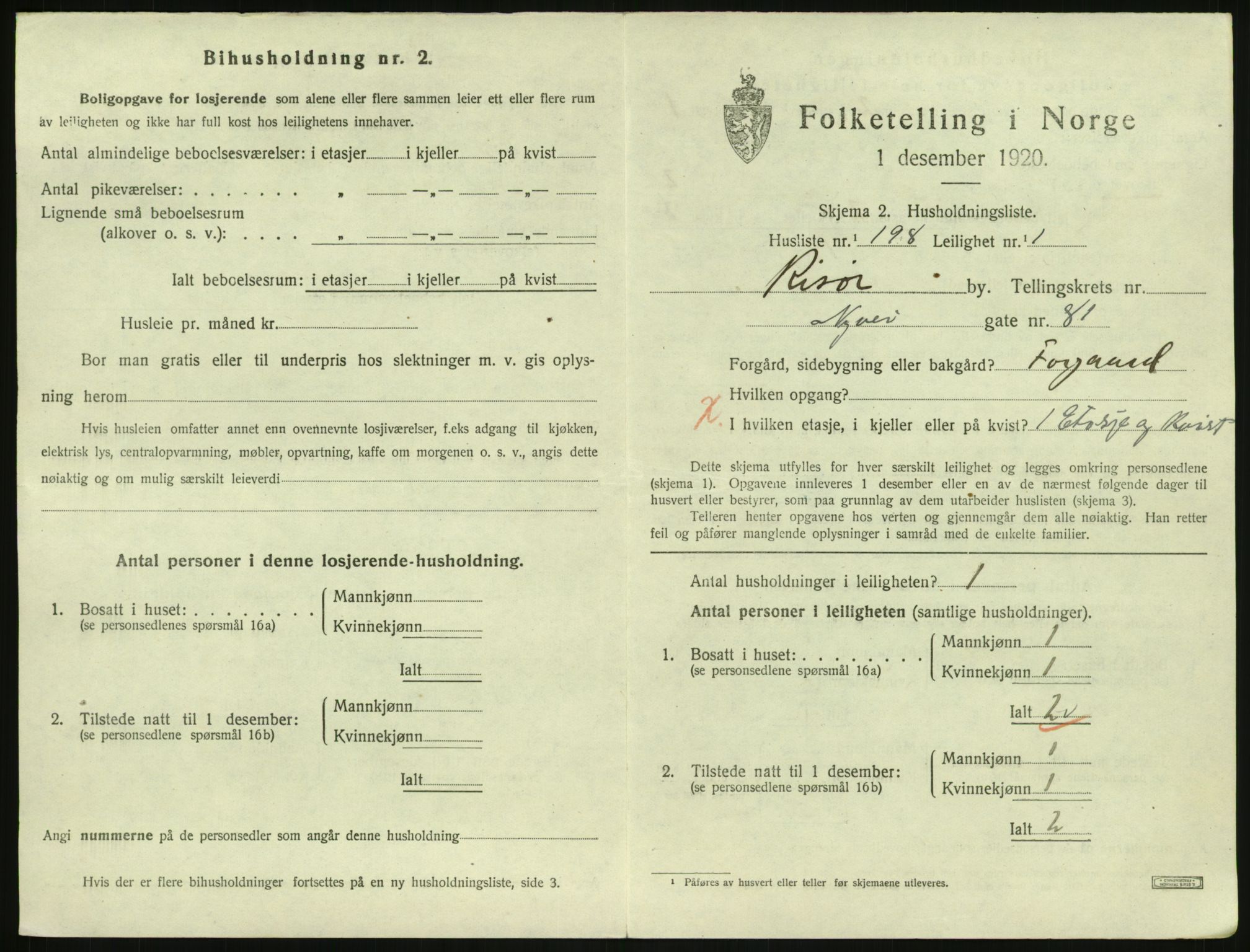 SAK, 1920 census for Risør, 1920, p. 2515