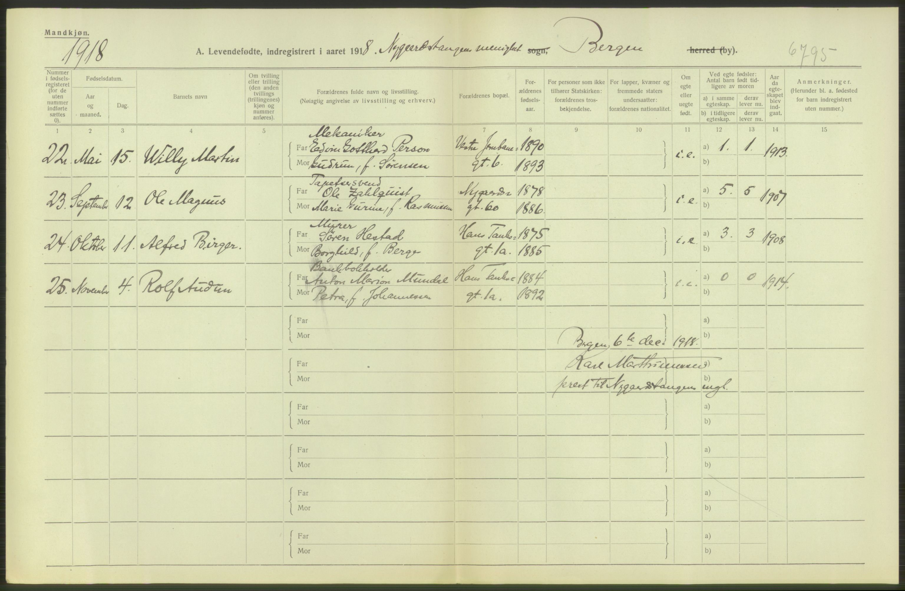 Statistisk sentralbyrå, Sosiodemografiske emner, Befolkning, AV/RA-S-2228/D/Df/Dfb/Dfbh/L0037: Bergen: Levendefødte menn og kvinner., 1918, p. 20