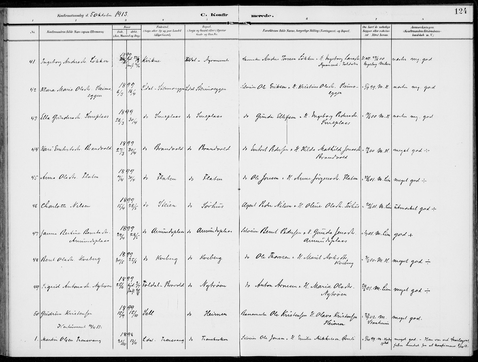 Alvdal prestekontor, AV/SAH-PREST-060/H/Ha/Haa/L0004: Parish register (official) no. 4, 1907-1919, p. 124