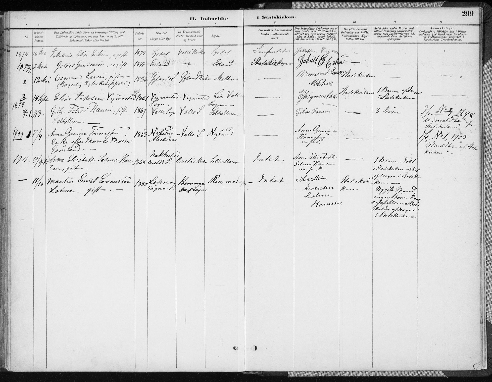 Sør-Audnedal sokneprestkontor, AV/SAK-1111-0039/F/Fa/Fab/L0010: Parish register (official) no. A 10, 1892-1913, p. 299