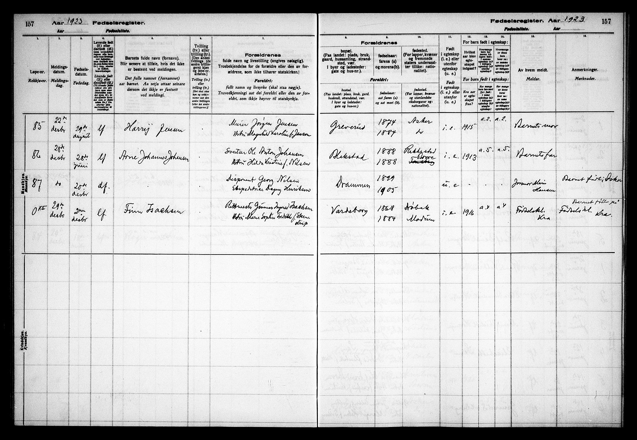 Asker prestekontor Kirkebøker, AV/SAO-A-10256a/J/L0001: Birth register no. 1, 1916-1925, p. 157