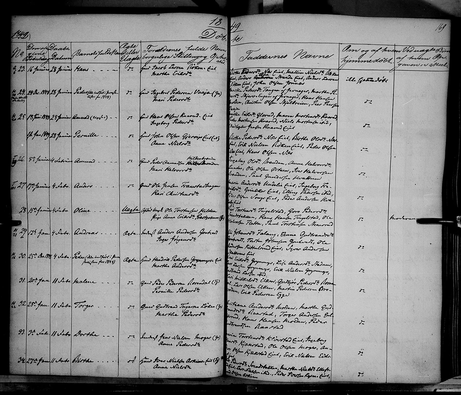 Gran prestekontor, AV/SAH-PREST-112/H/Ha/Haa/L0011: Parish register (official) no. 11, 1842-1856, p. 168-169