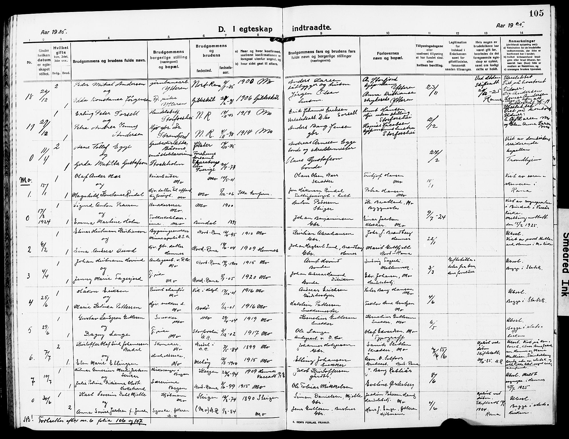 Ministerialprotokoller, klokkerbøker og fødselsregistre - Nordland, SAT/A-1459/827/L0424: Parish register (copy) no. 827C13, 1921-1930, p. 105