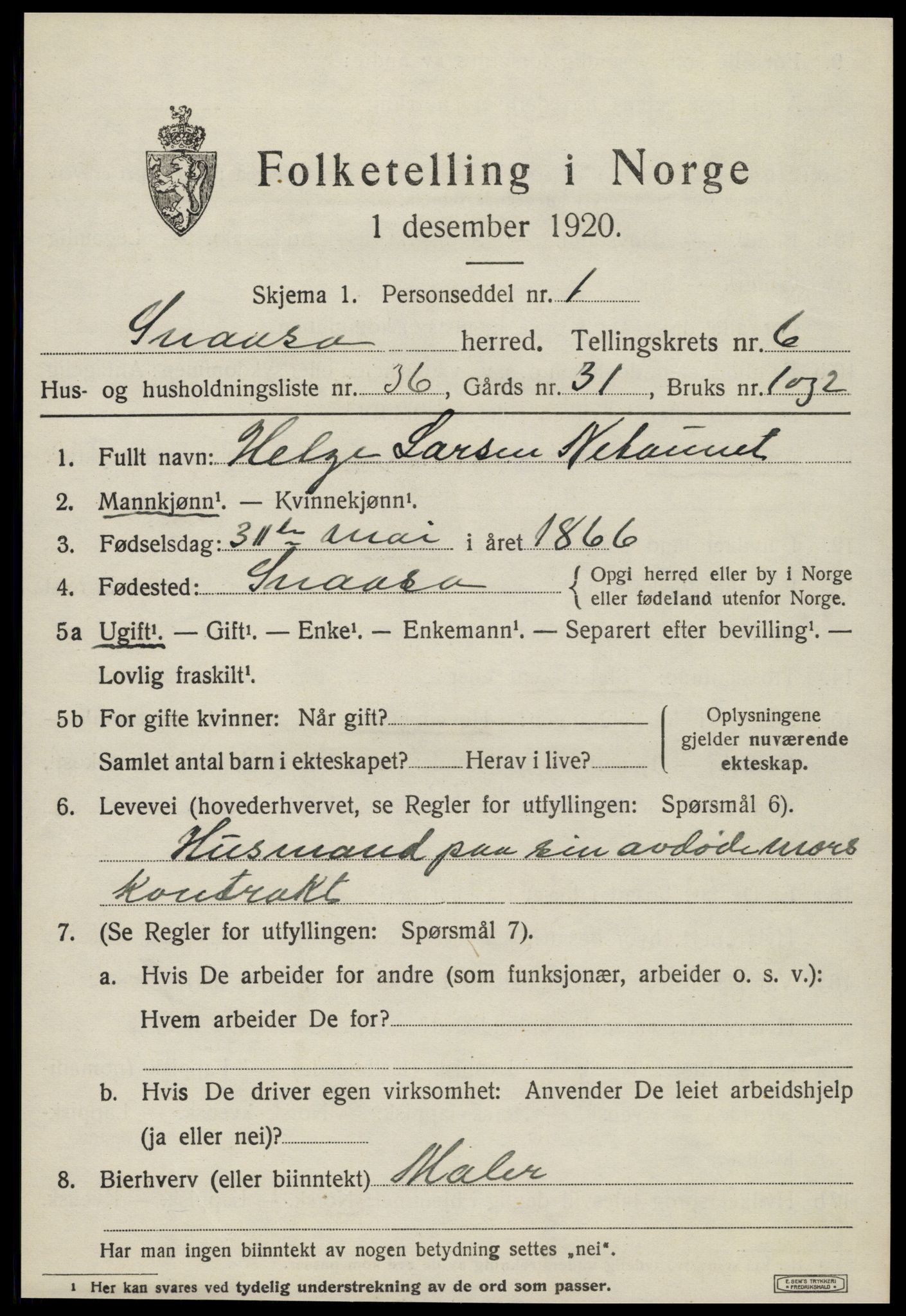 SAT, 1920 census for Snåsa, 1920, p. 2928