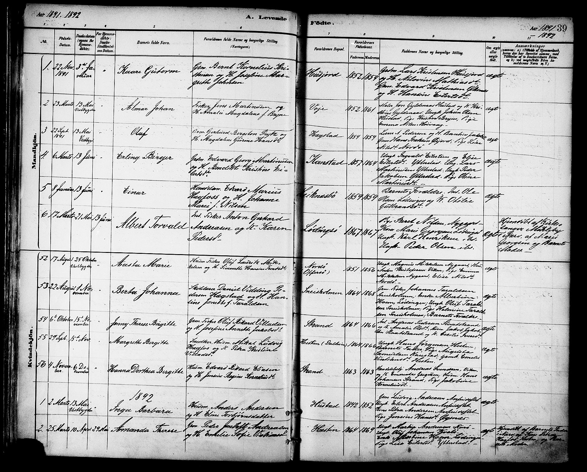 Ministerialprotokoller, klokkerbøker og fødselsregistre - Nordland, SAT/A-1459/872/L1035: Parish register (official) no. 872A10, 1884-1896, p. 39